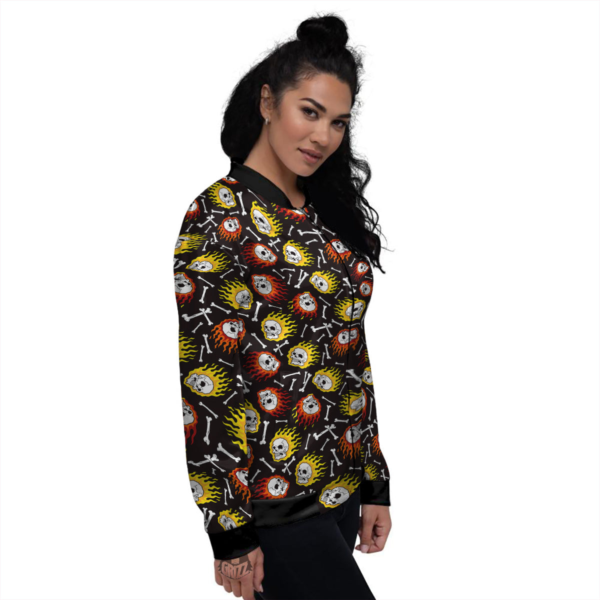 Flaming Skulls And Bone Print Pattern Women's Bomber Jacket-grizzshop