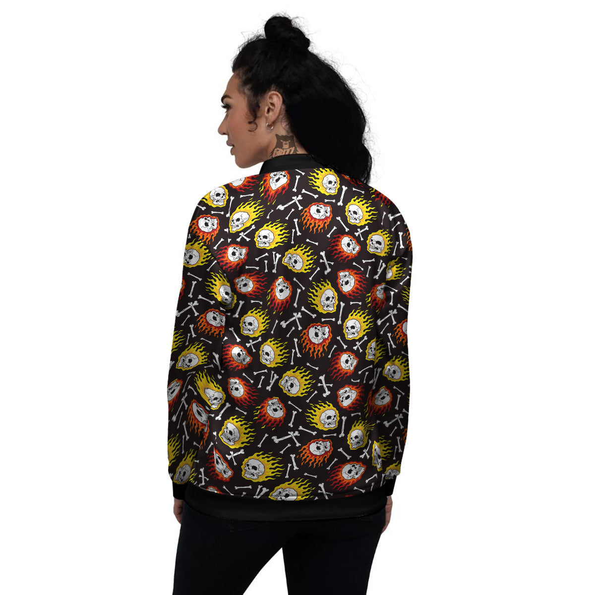 Flaming Skulls And Bone Print Pattern Women's Bomber Jacket-grizzshop