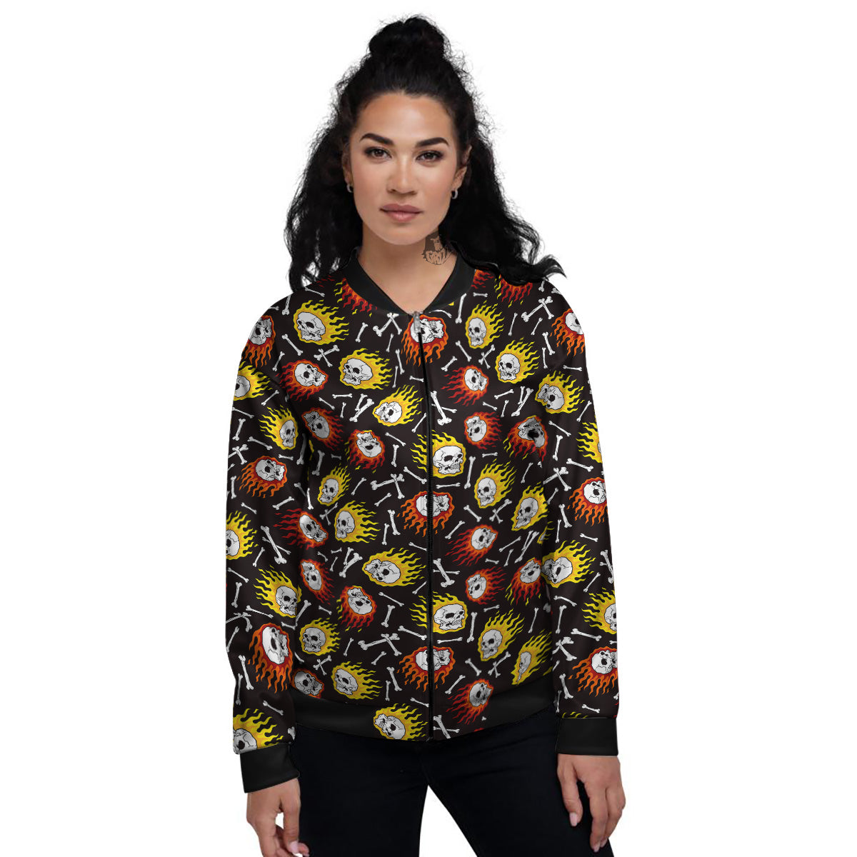 Flaming Skulls And Bone Print Pattern Women's Bomber Jacket-grizzshop