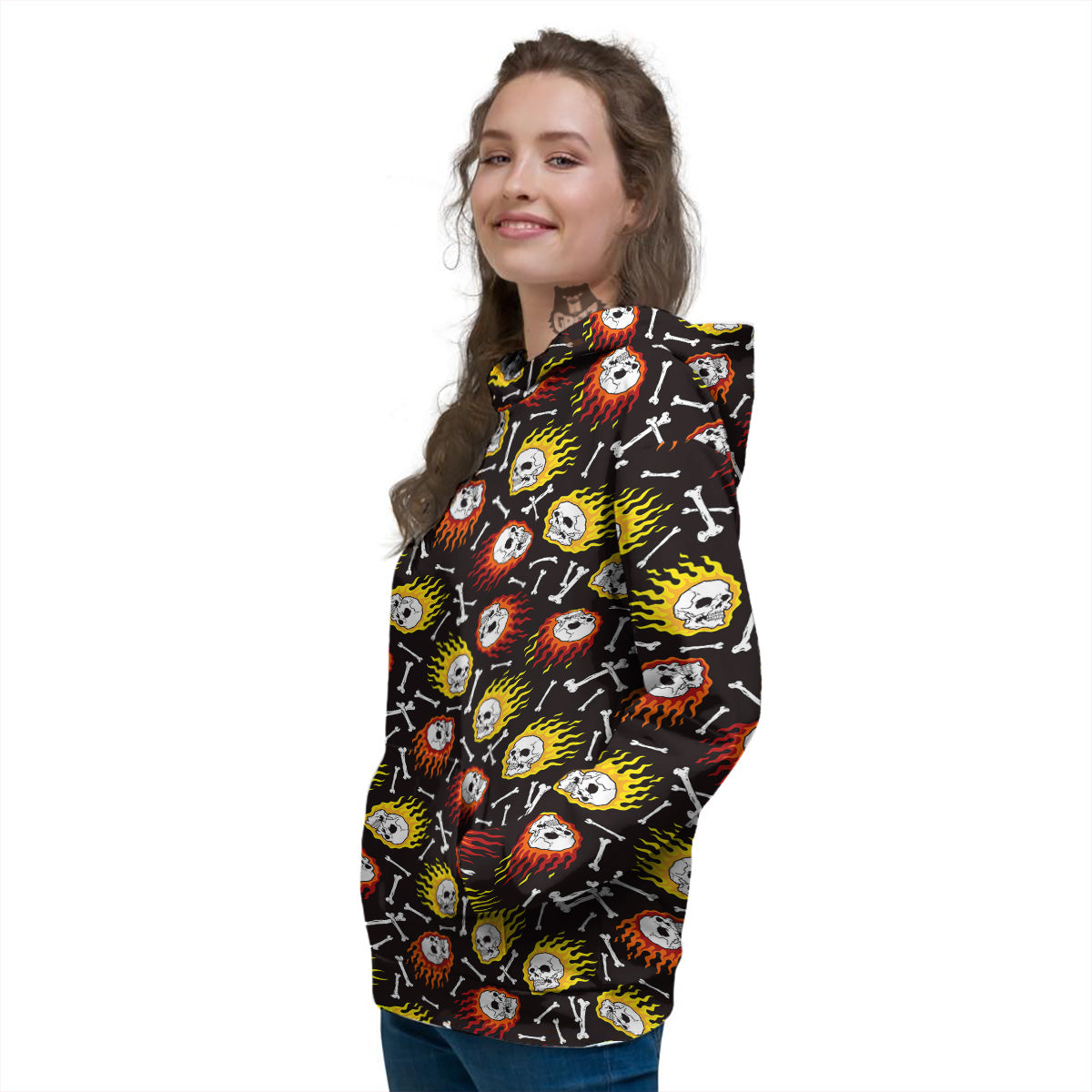 Flaming Skulls And Bone Print Pattern Women's Hoodie-grizzshop