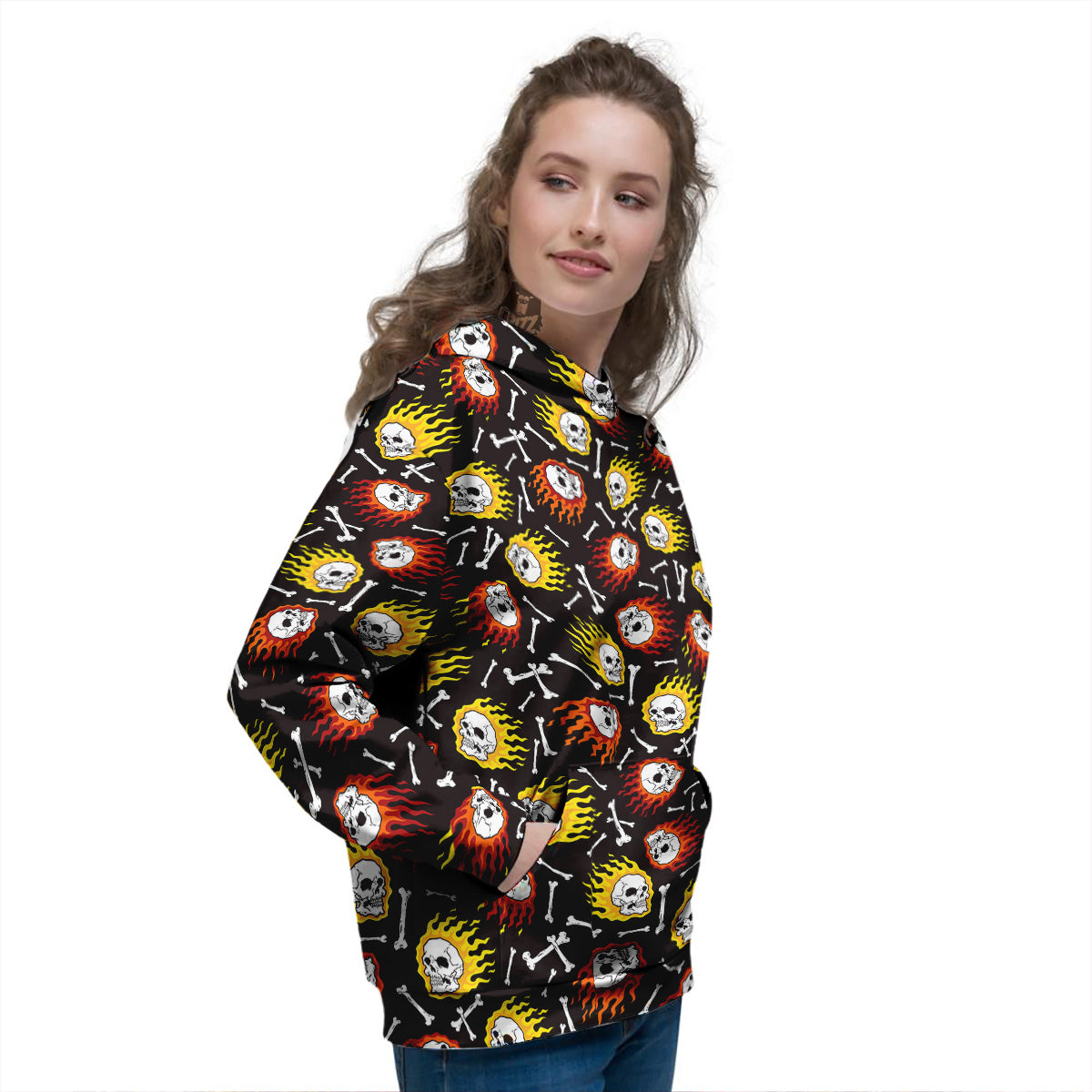 Flaming Skulls And Bone Print Pattern Women's Hoodie-grizzshop
