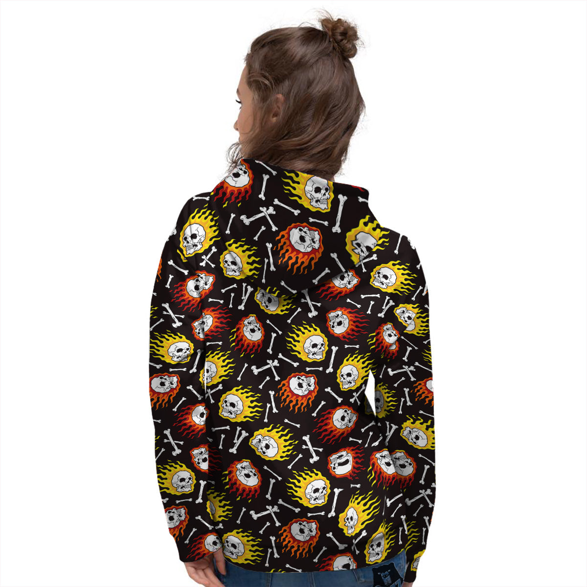 Flaming Skulls And Bone Print Pattern Women's Hoodie-grizzshop