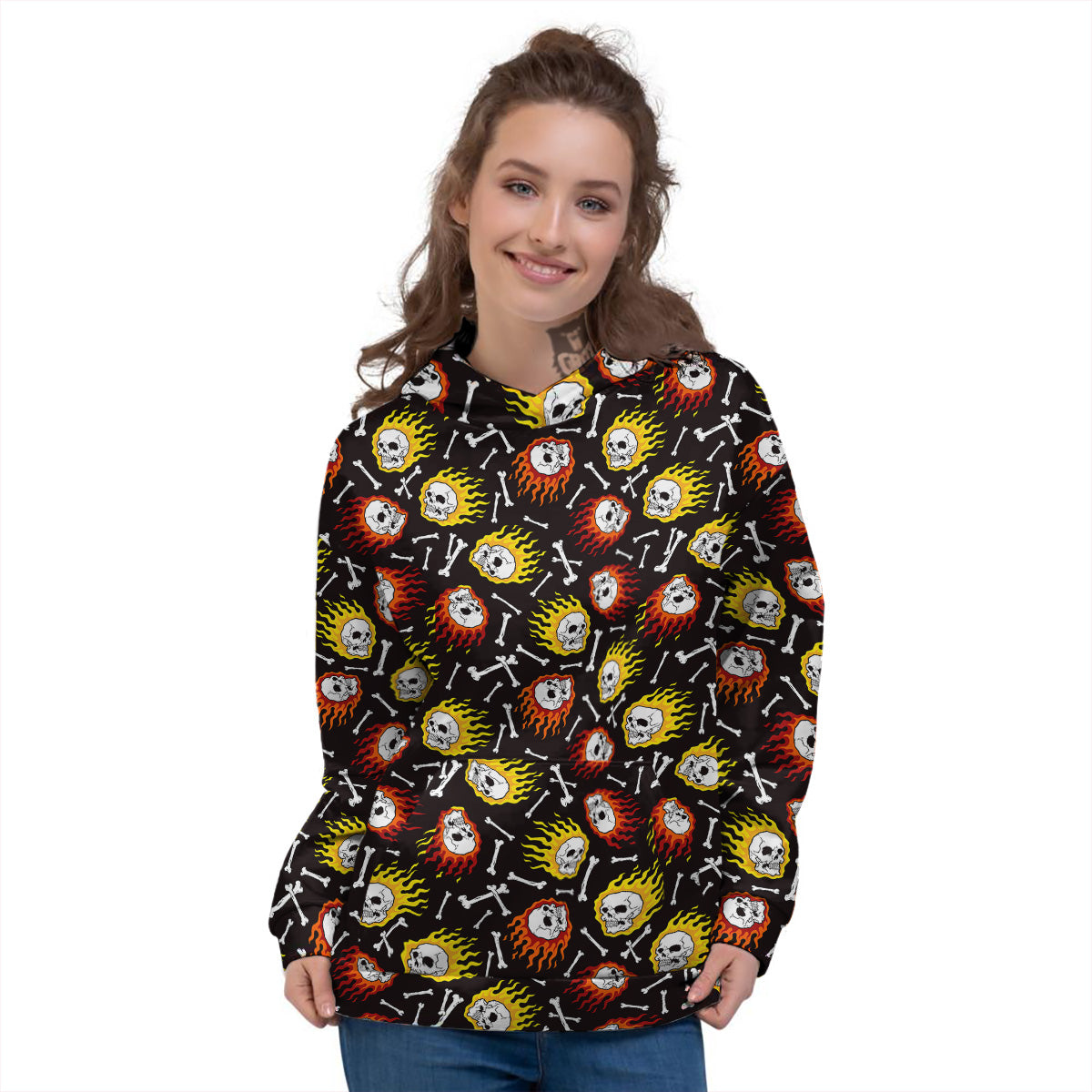 Flaming Skulls And Bone Print Pattern Women's Hoodie-grizzshop