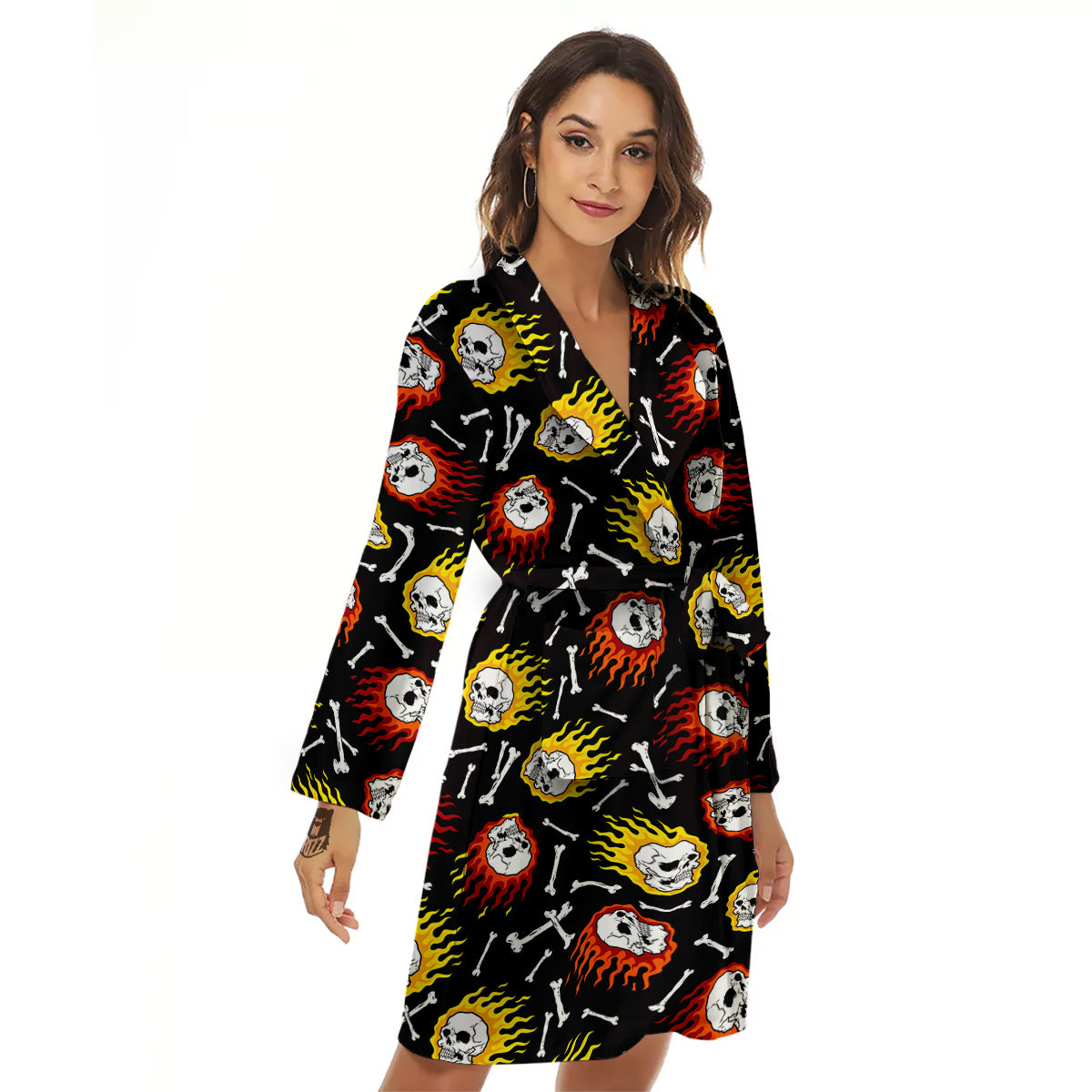 Flaming Skulls And Bone Print Pattern Women's Robe-grizzshop