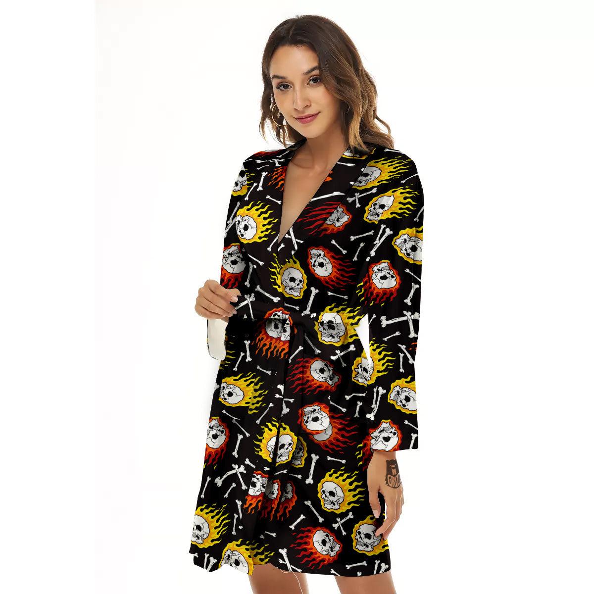 Flaming Skulls And Bone Print Pattern Women's Robe-grizzshop