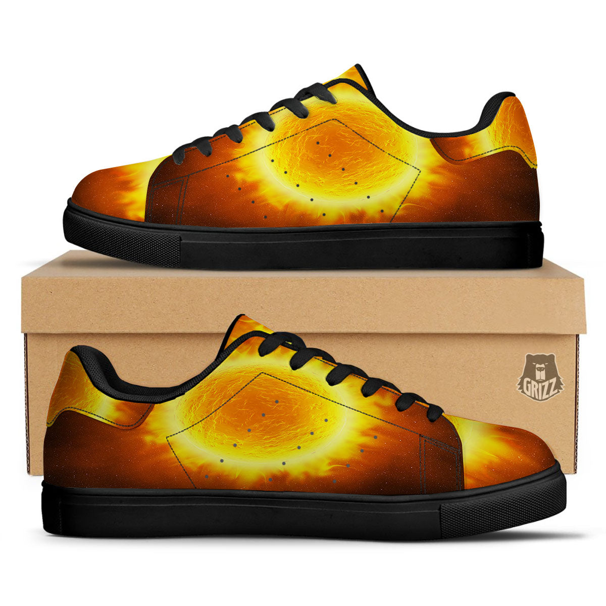Flaming Sun Print Black Low Top Sneakers-grizzshop