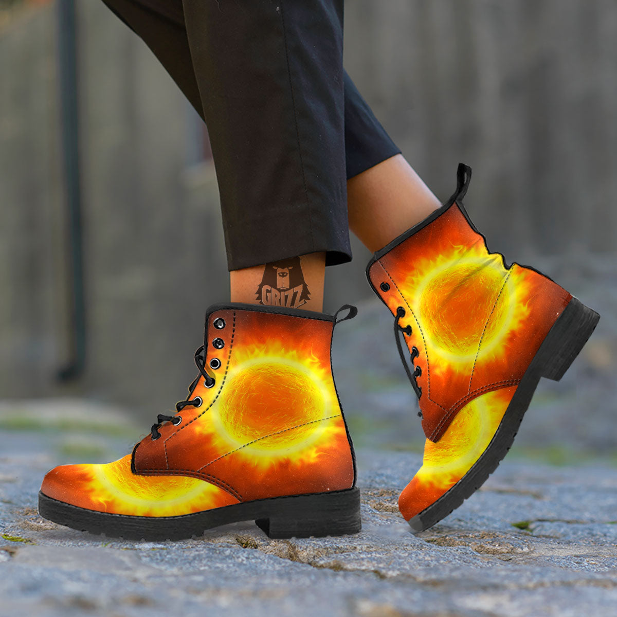 Flaming Sun Print Leather Boots-grizzshop