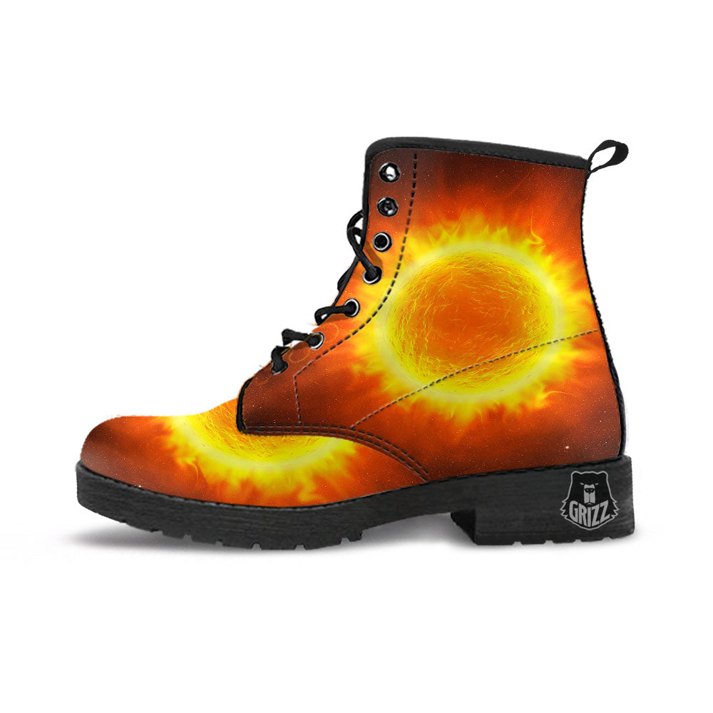 Flaming Sun Print Leather Boots-grizzshop