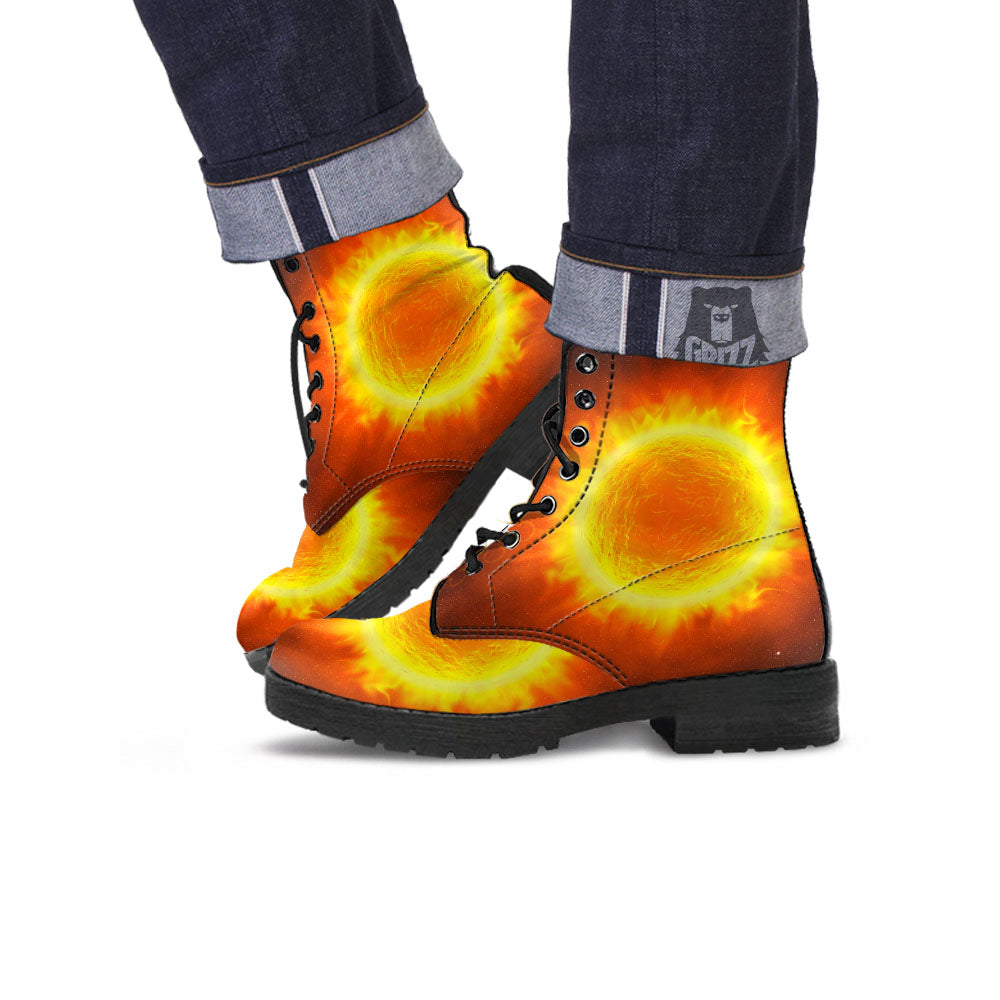 Flaming Sun Print Leather Boots-grizzshop