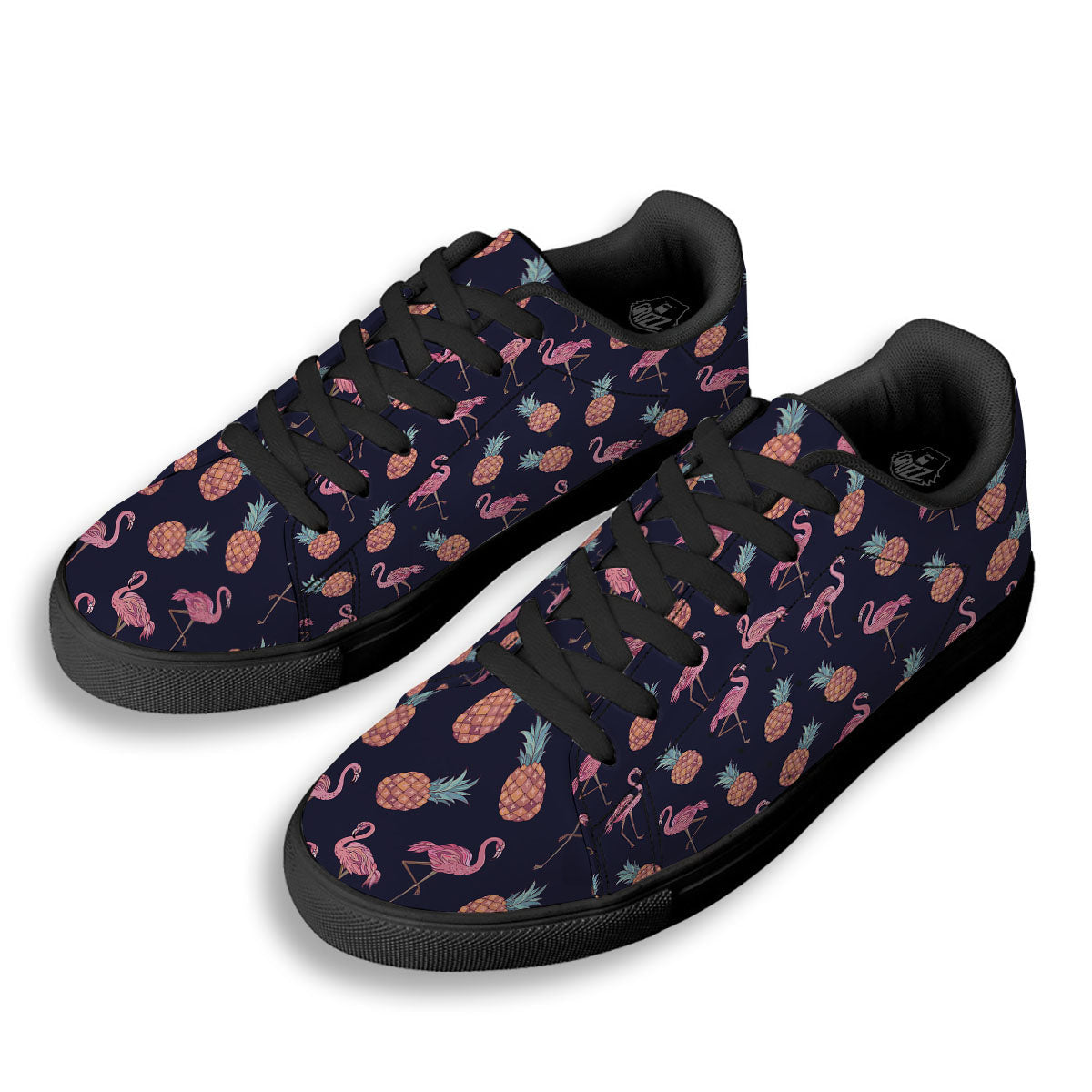 Flamingo And Pineapple Print Pattern Black Low Top Sneakers-grizzshop