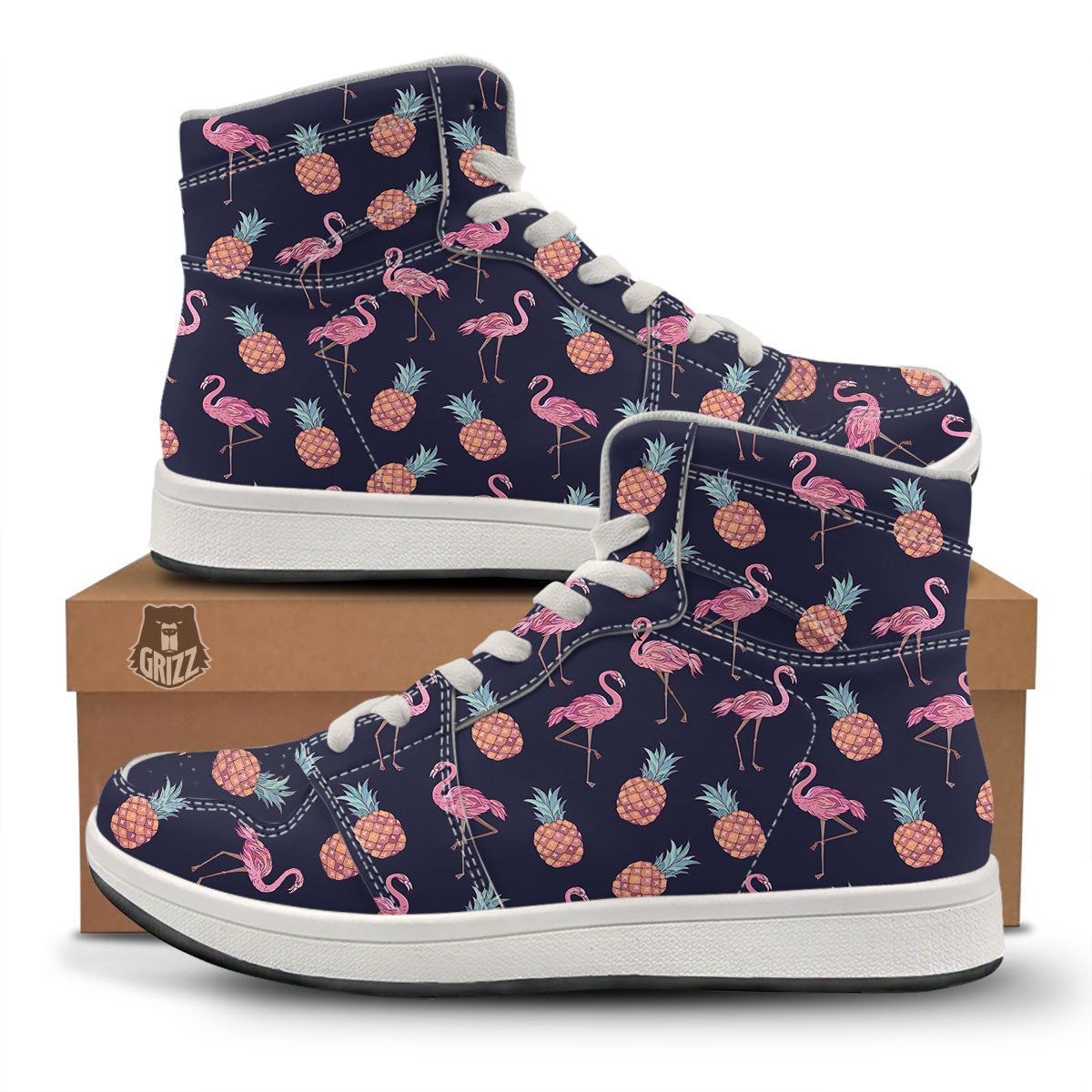 Flamingo And Pineapple Print Pattern High Top Sneakers-grizzshop