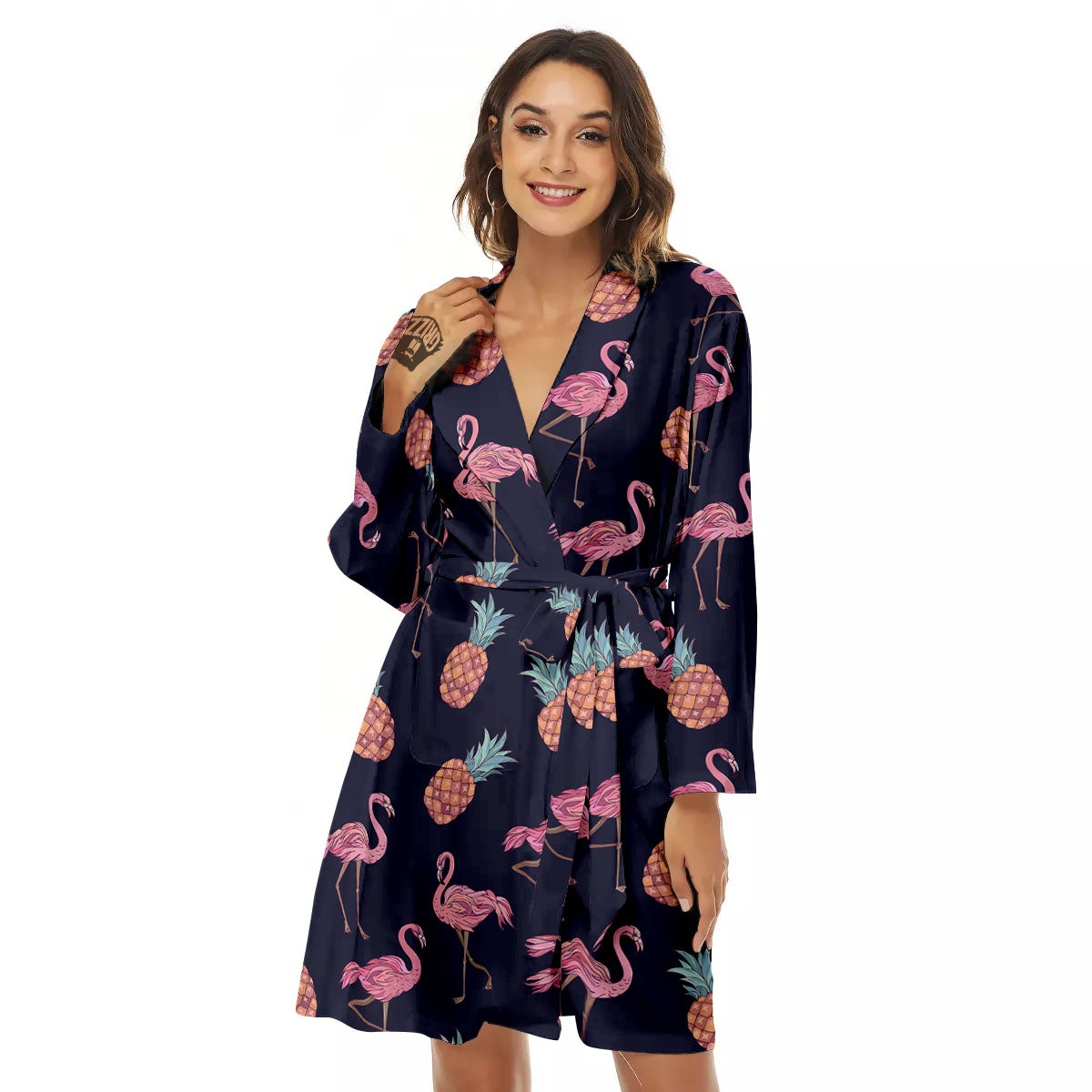 Flamingo And Pineapple Print Pattern Women's Robe-grizzshop