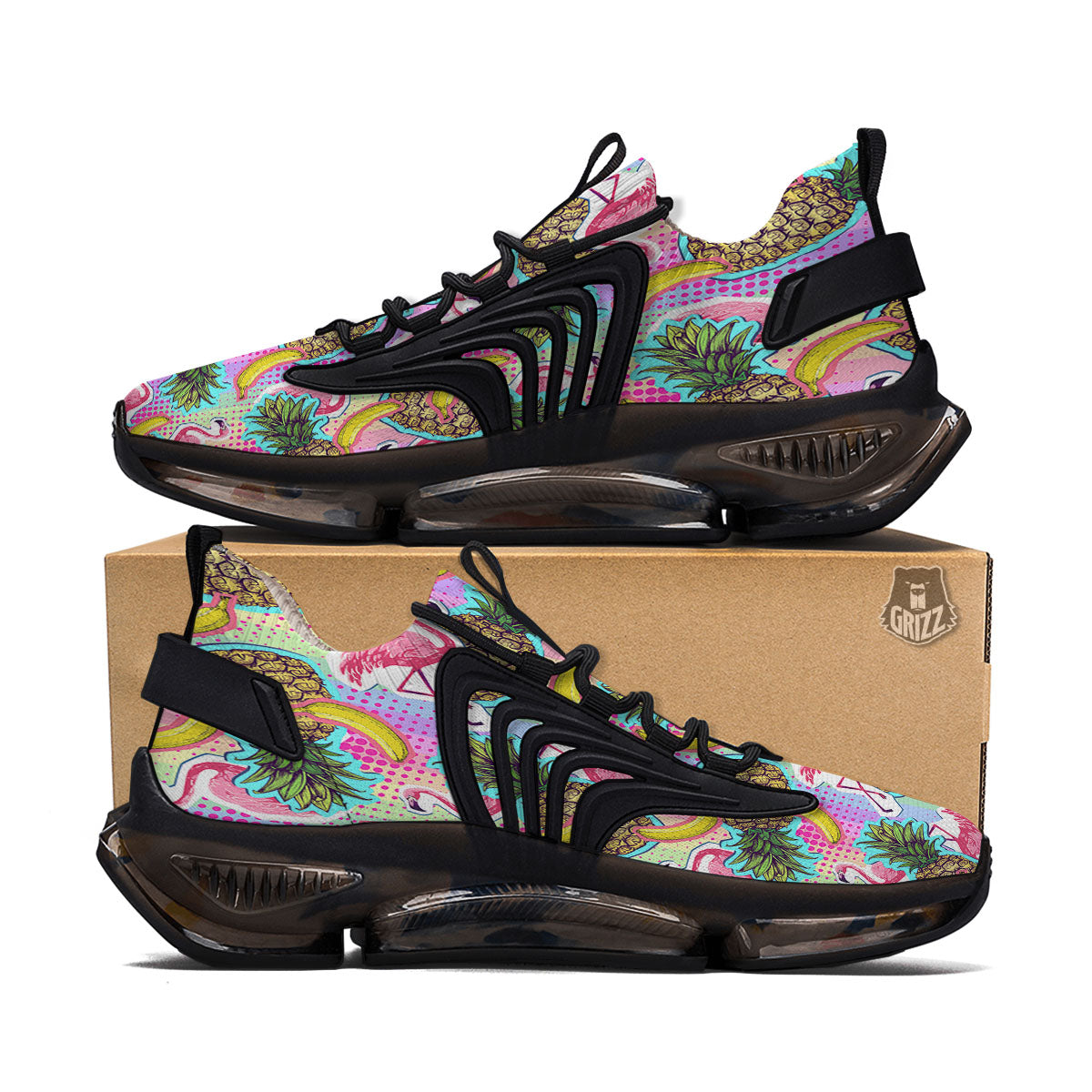 Flamingo And Pineapple Rainbow Print Pattern Black Gym Shoes-grizzshop
