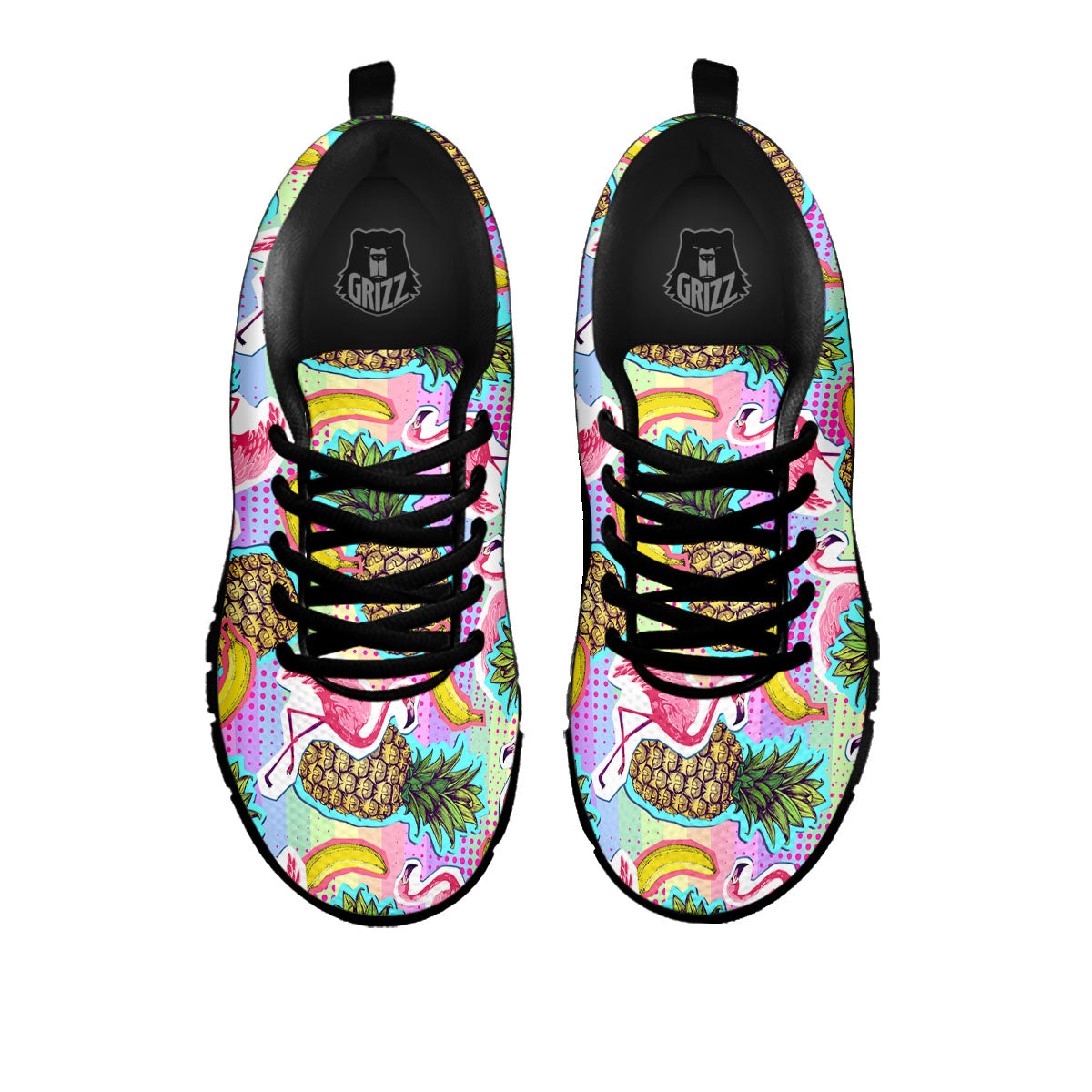 Flamingo And Pineapple Rainbow Print Pattern Black Sneaker-grizzshop