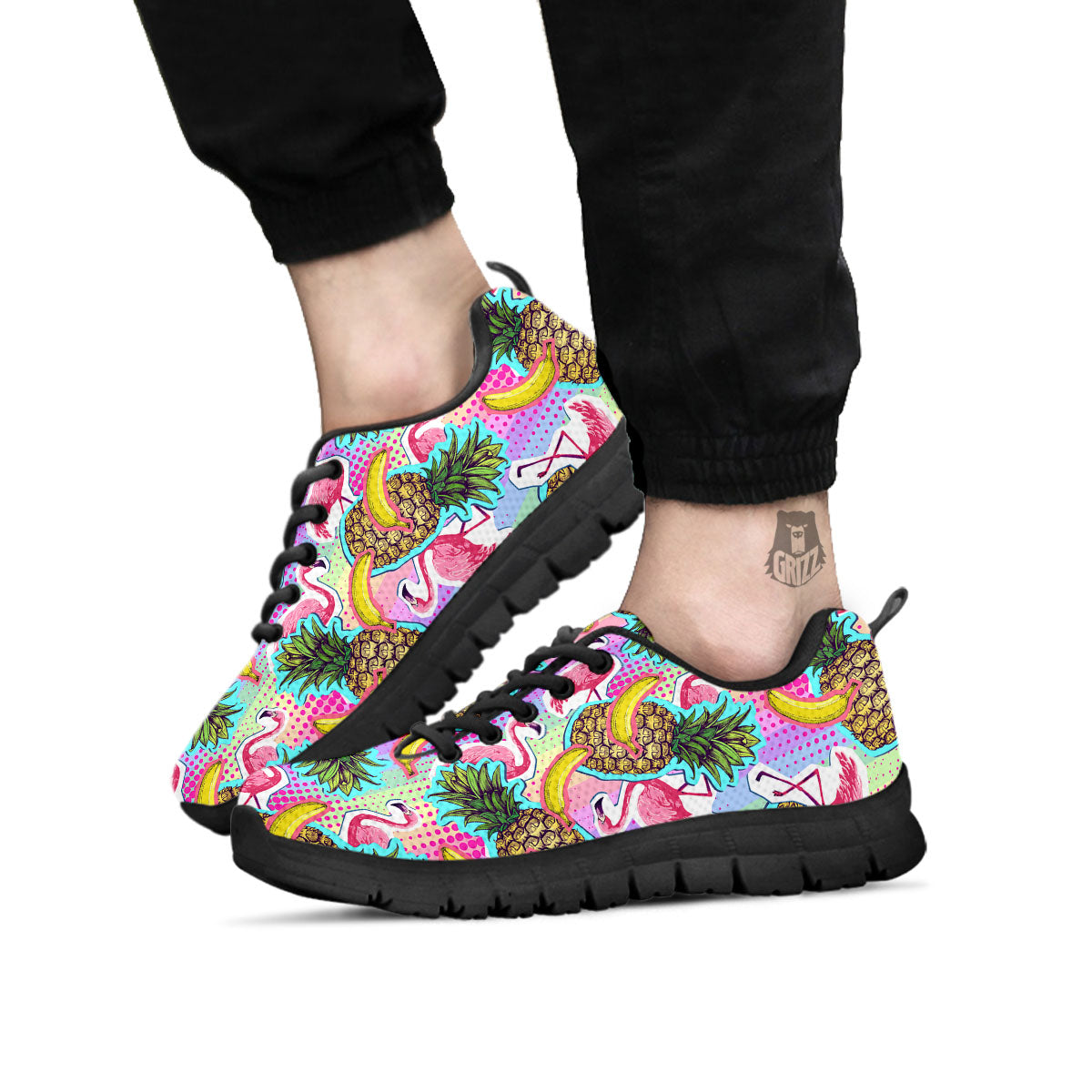 Flamingo And Pineapple Rainbow Print Pattern Black Sneaker-grizzshop