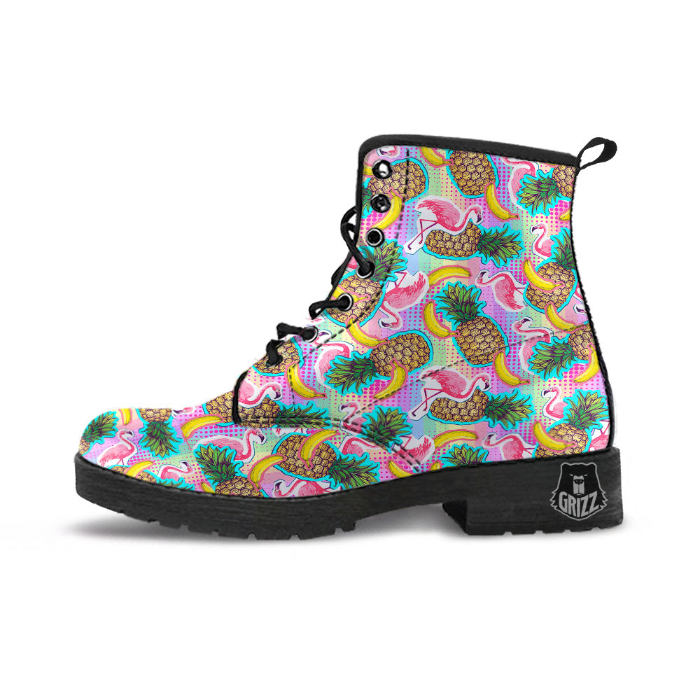 Flamingo And Pineapple Rainbow Print Pattern Leather Boots-grizzshop