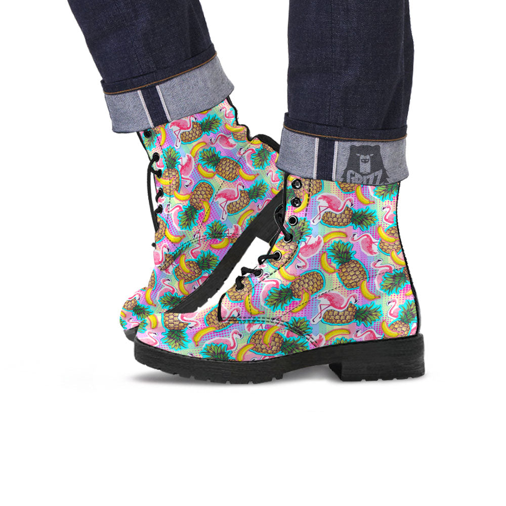 Flamingo And Pineapple Rainbow Print Pattern Leather Boots-grizzshop