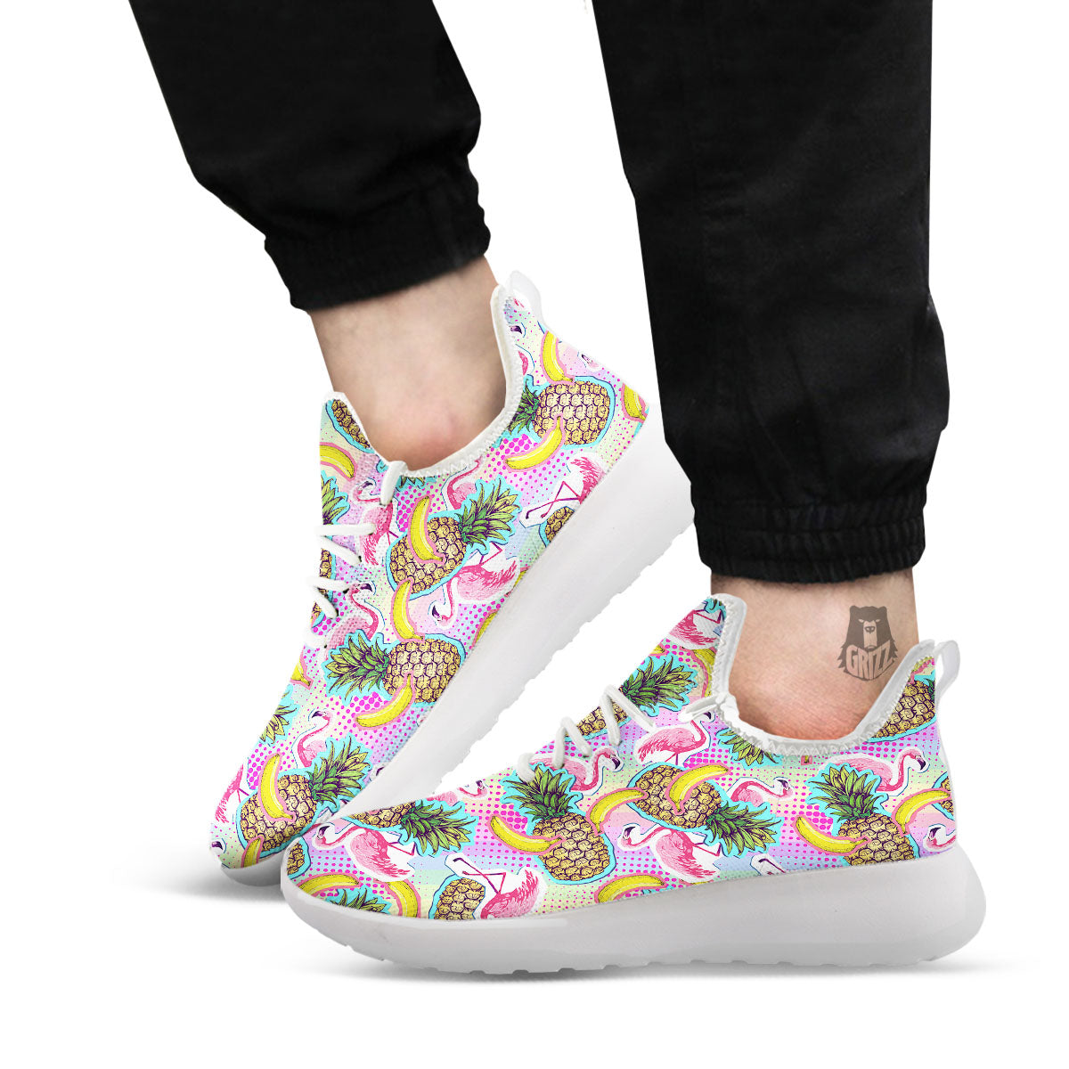 Flamingo And Pineapple Rainbow Print Pattern White Athletic Shoes-grizzshop