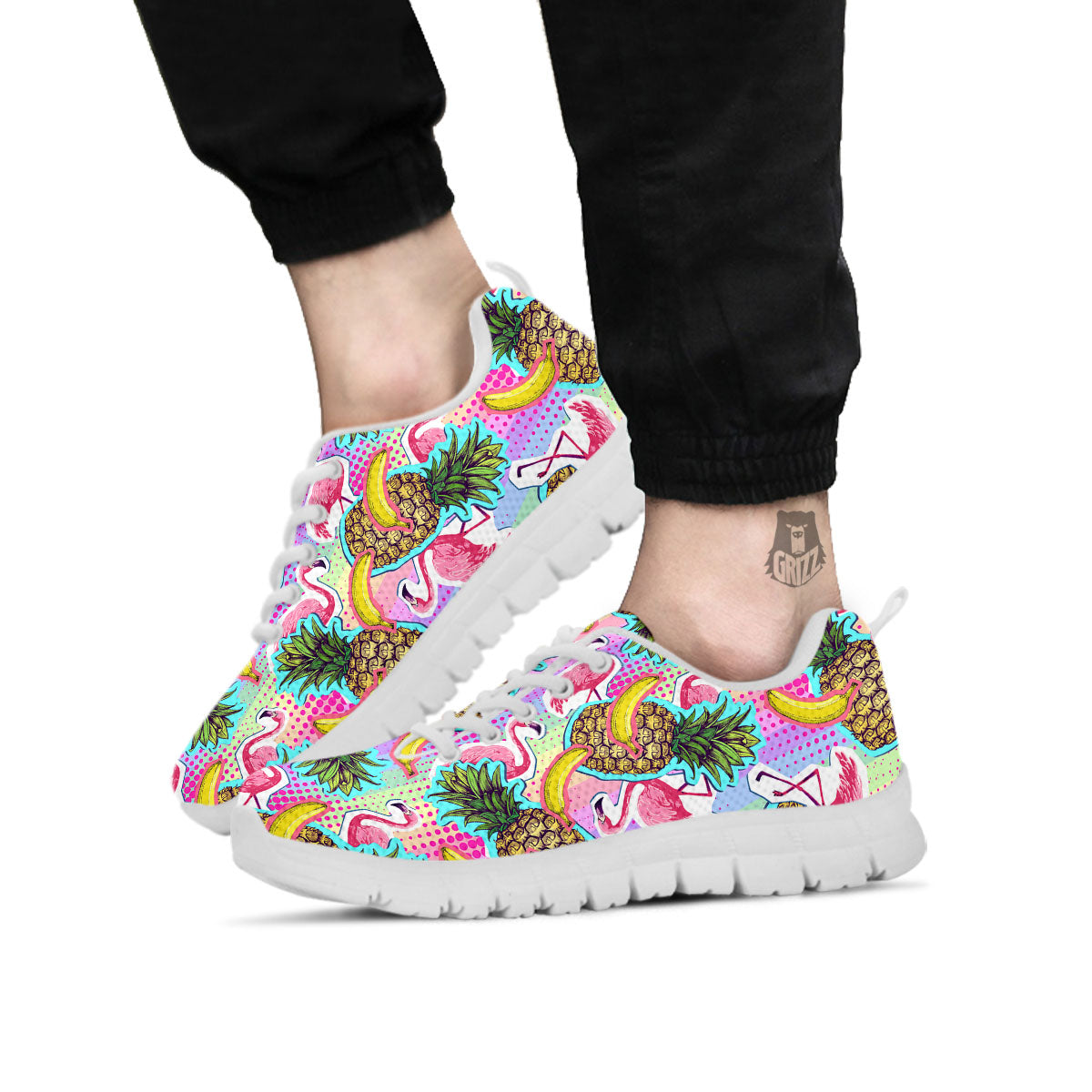 Flamingo And Pineapple Rainbow Print Pattern White Sneaker-grizzshop