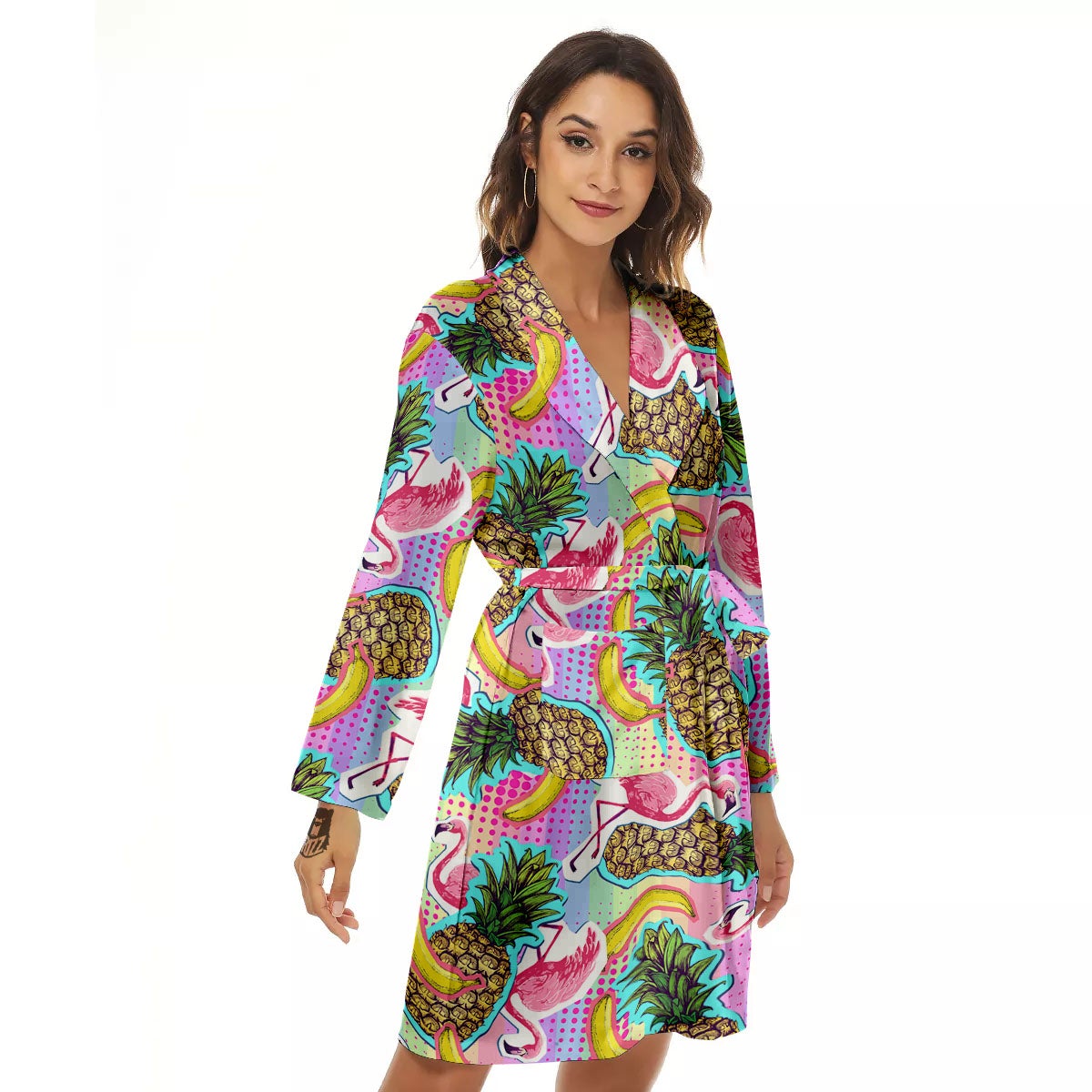 Flamingo And Pineapple Rainbow Print Pattern Women's Robe-grizzshop