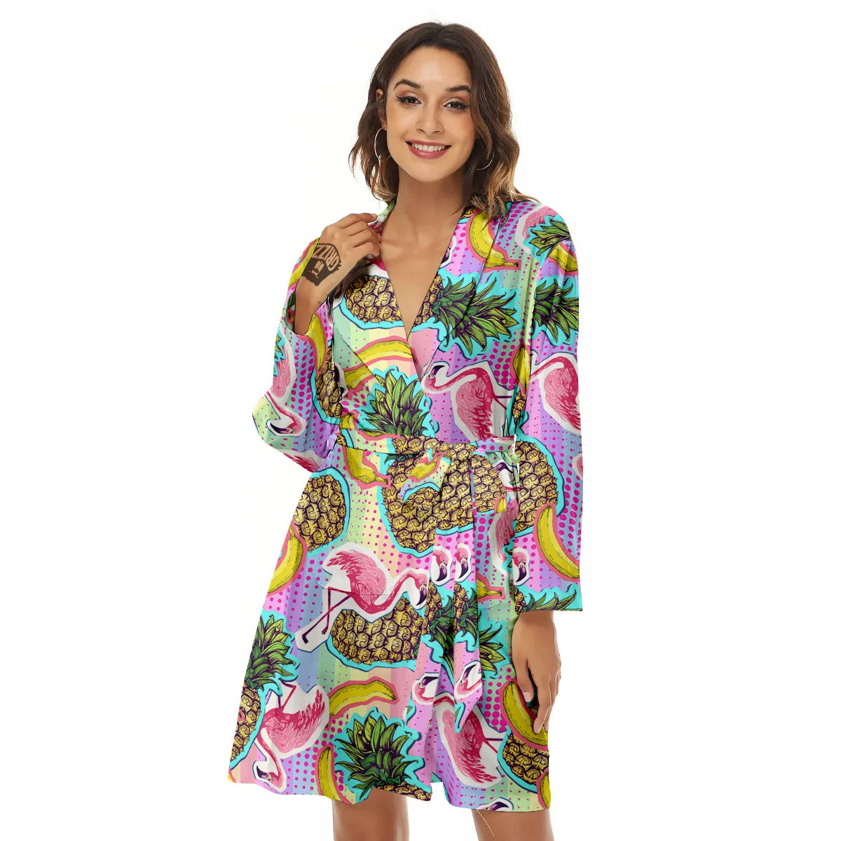 Flamingo And Pineapple Rainbow Print Pattern Women's Robe-grizzshop