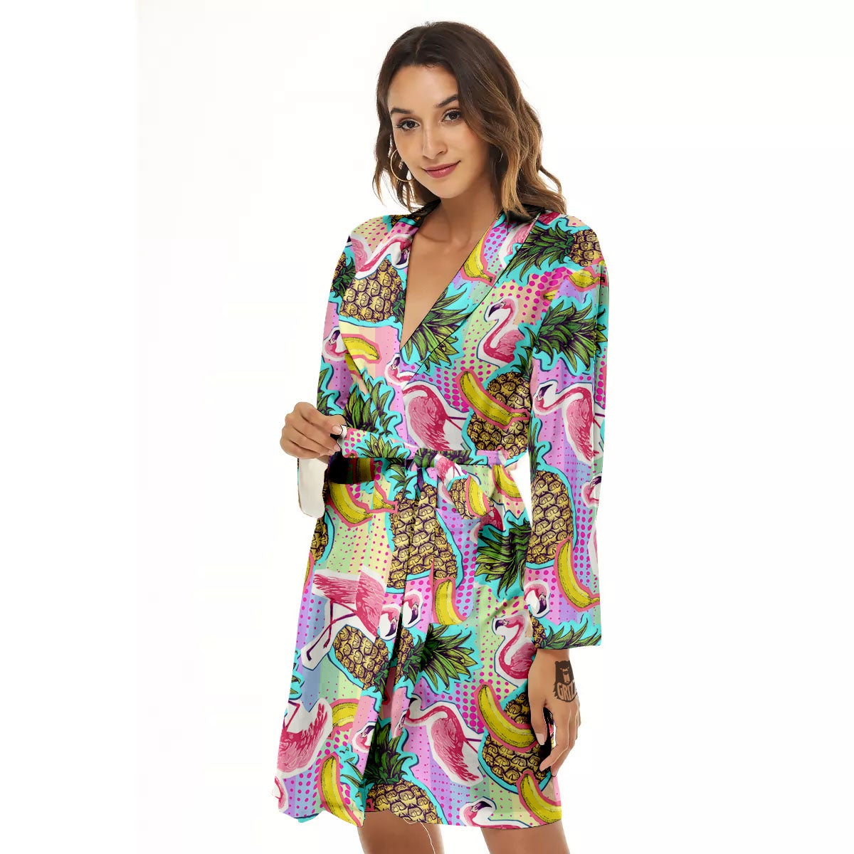 Flamingo And Pineapple Rainbow Print Pattern Women's Robe-grizzshop