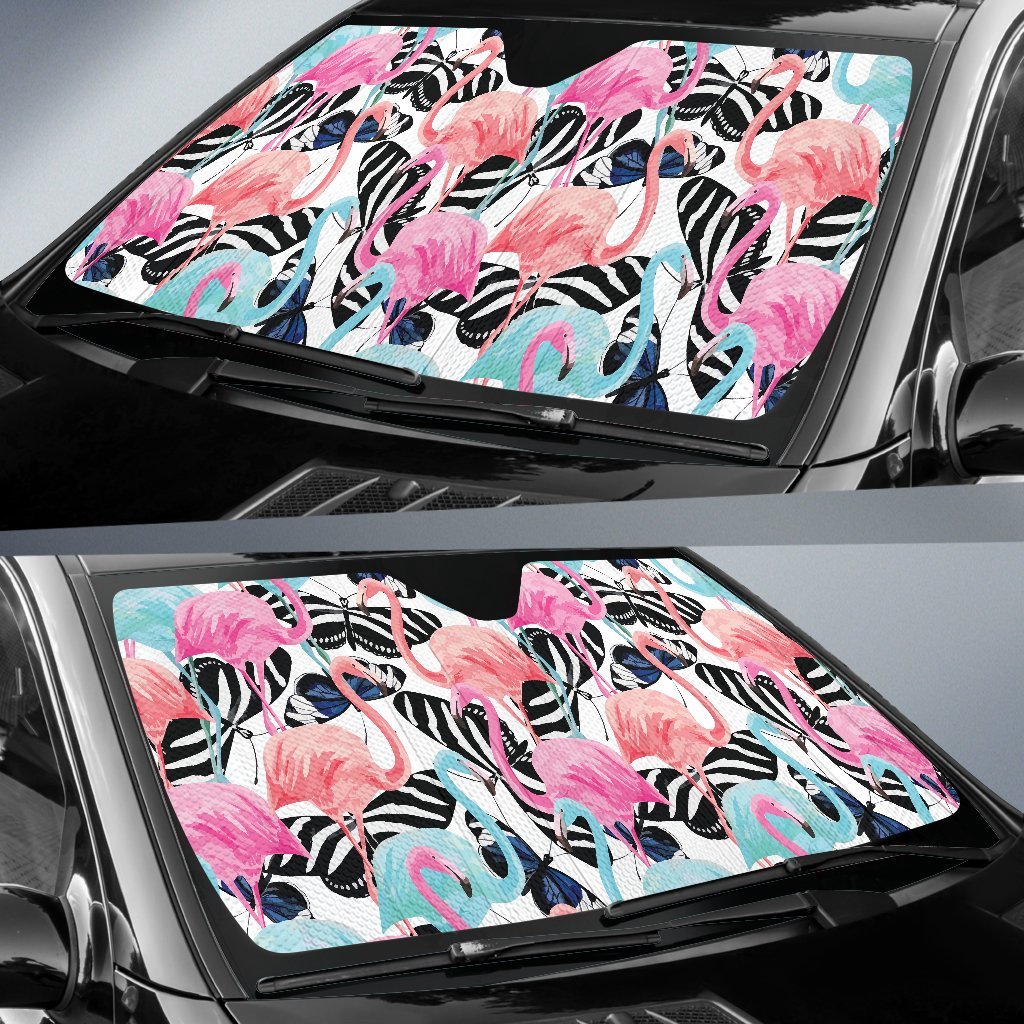 Flamingo Butterfly Hawaiian Tropical Pattern Print Car Sun Shade-grizzshop