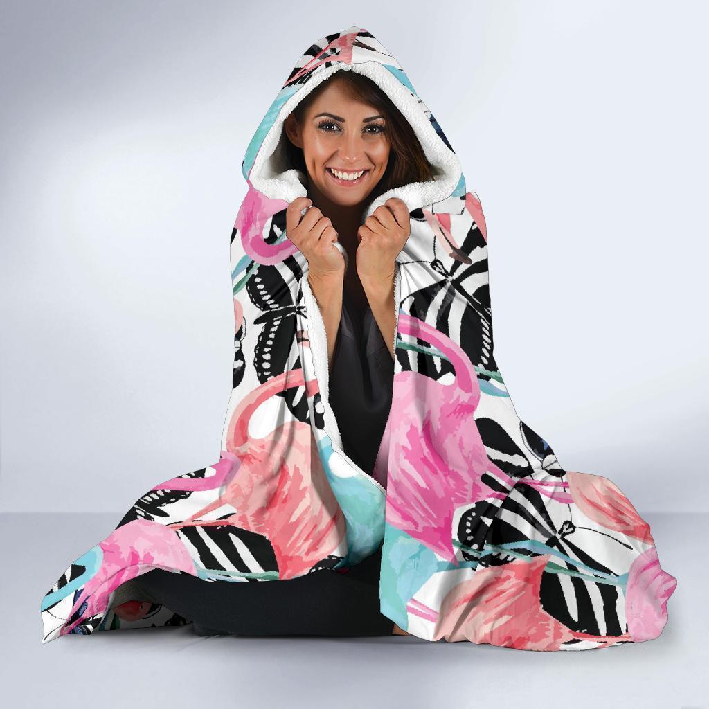 Flamingo Butterfly Hawaiian Tropical Pattern Print Hooded Blanket-grizzshop