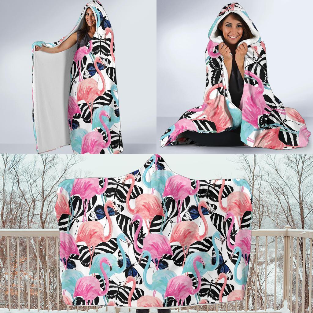 Flamingo Butterfly Hawaiian Tropical Pattern Print Hooded Blanket-grizzshop