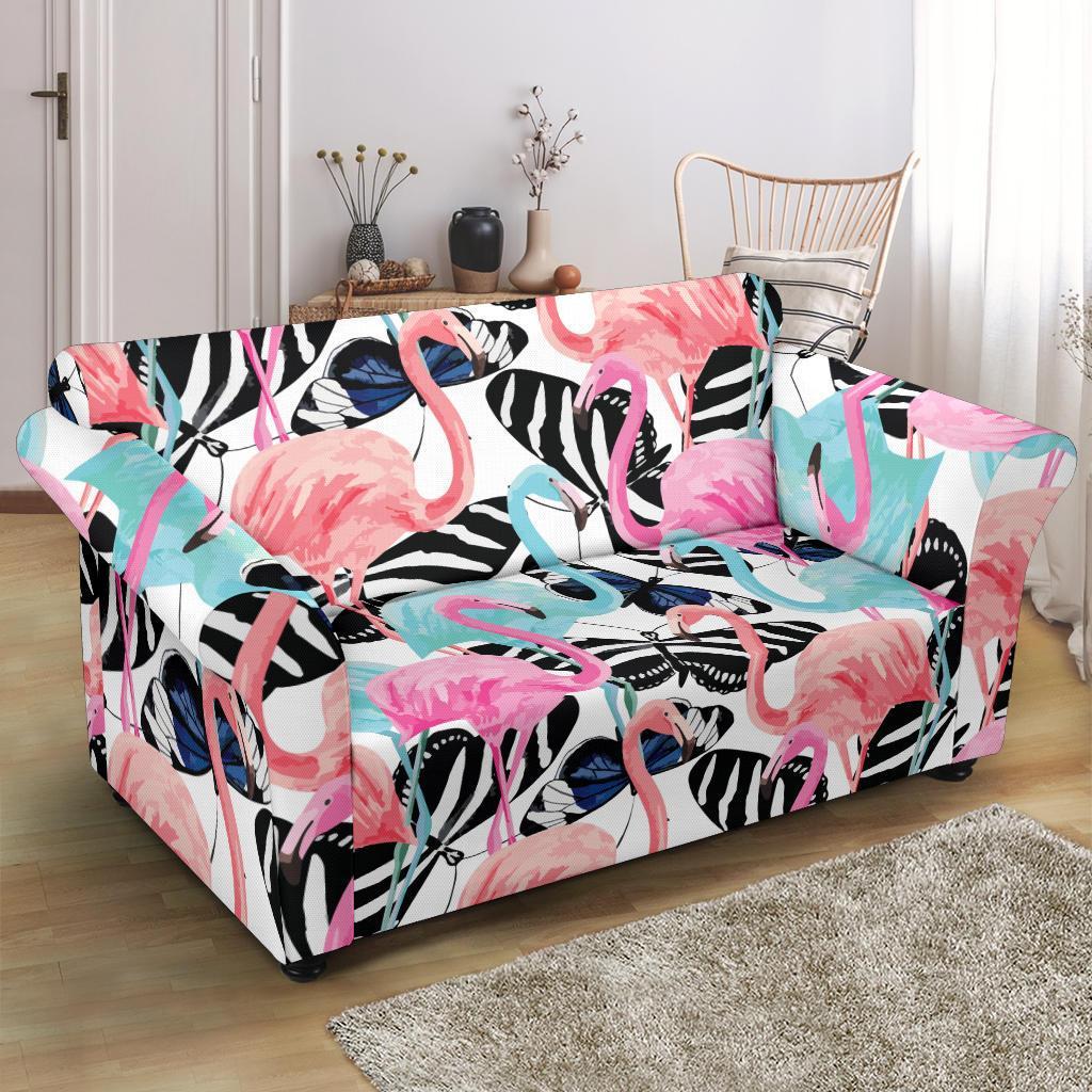 Flamingo Butterfly Hawaiian Tropical Pattern Print Loveseat Cover-grizzshop