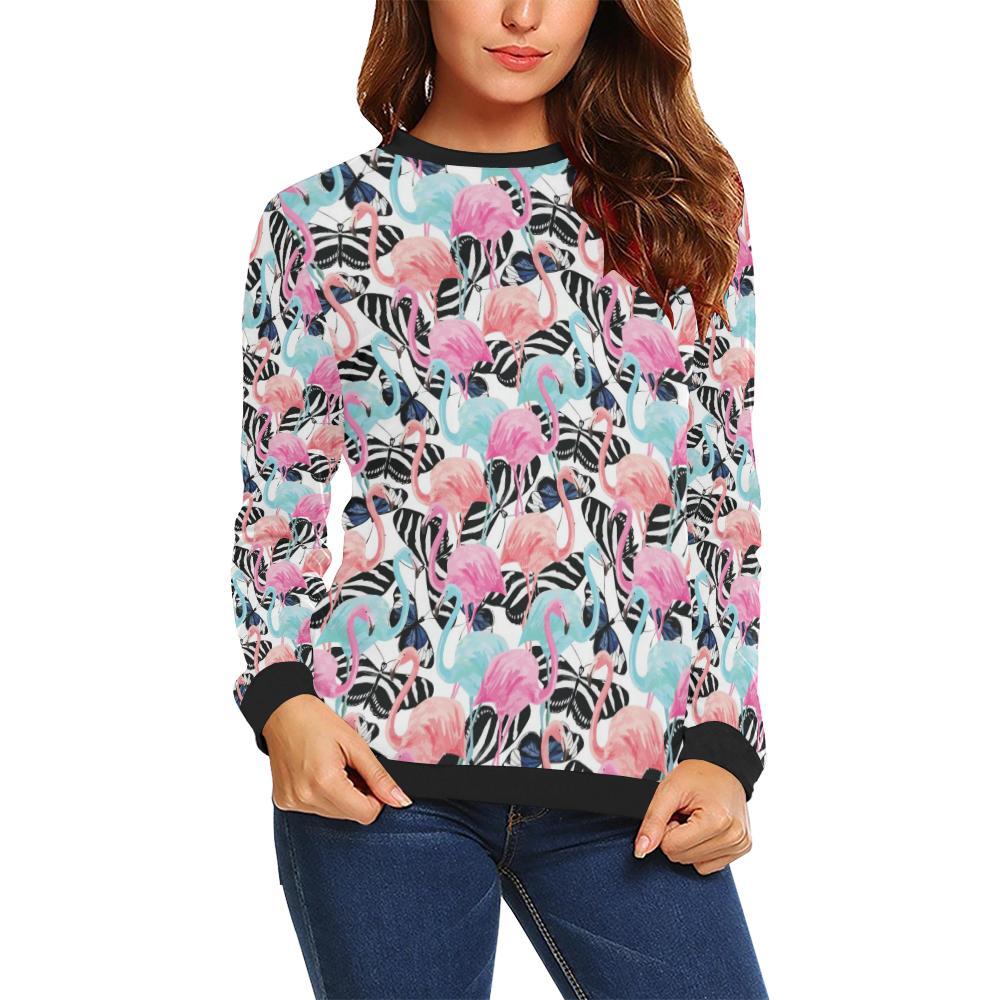 Flamingo Butterfly Hawaiian Tropical Pattern Print Women Crewneck Sweatshirt-grizzshop