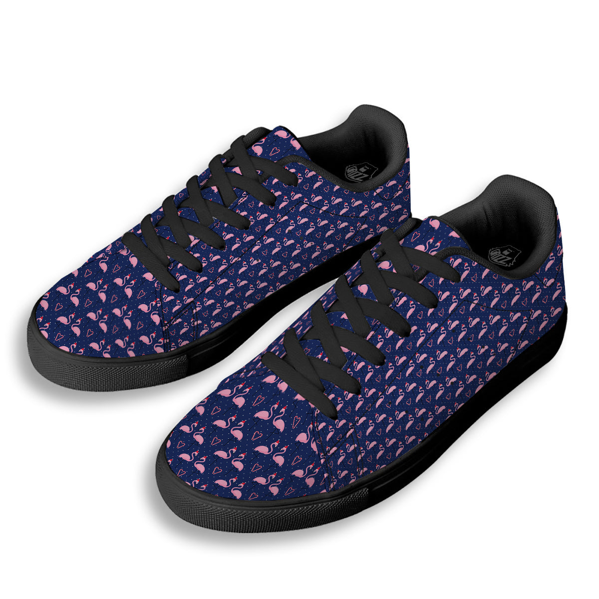 Flamingo Christmas Snowy Print Pattern Black Low Top Sneakers-grizzshop