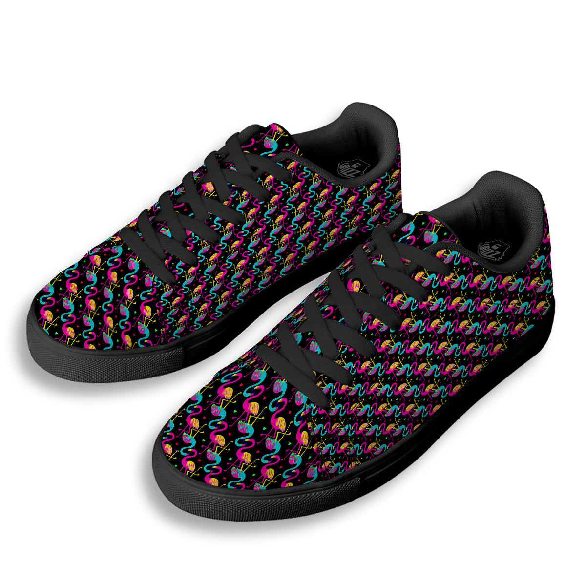 Flamingo Colorful Print Pattern Black Low Top Sneakers-grizzshop