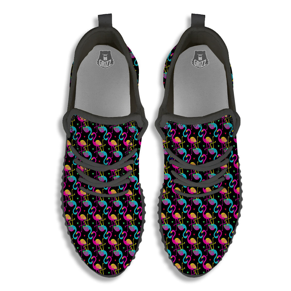 Flamingo Colorful Print Pattern Black Walking Shoes-grizzshop