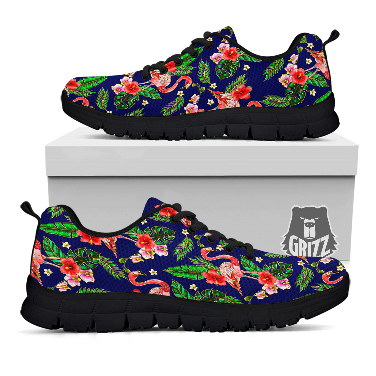 Flamingo Floral Tropical Print Pattern Black Sneaker-grizzshop