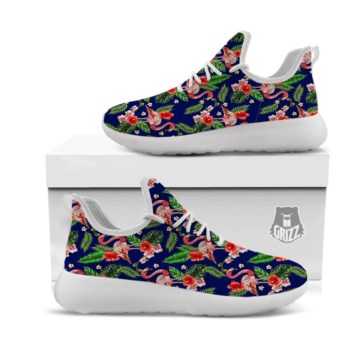 Flamingo Floral Tropical Print Pattern White Athletic Shoes-grizzshop