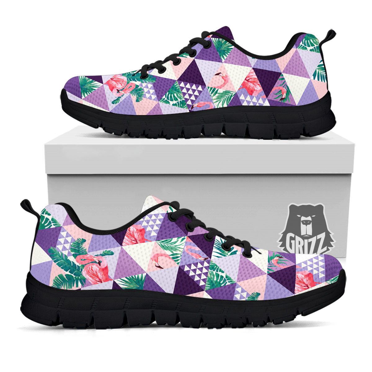 Flamingo Geometric Purple Print Pattern Black Sneaker-grizzshop