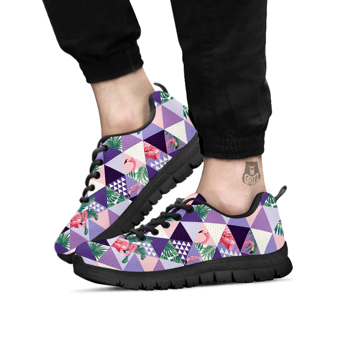 Flamingo Geometric Purple Print Pattern Black Sneaker-grizzshop