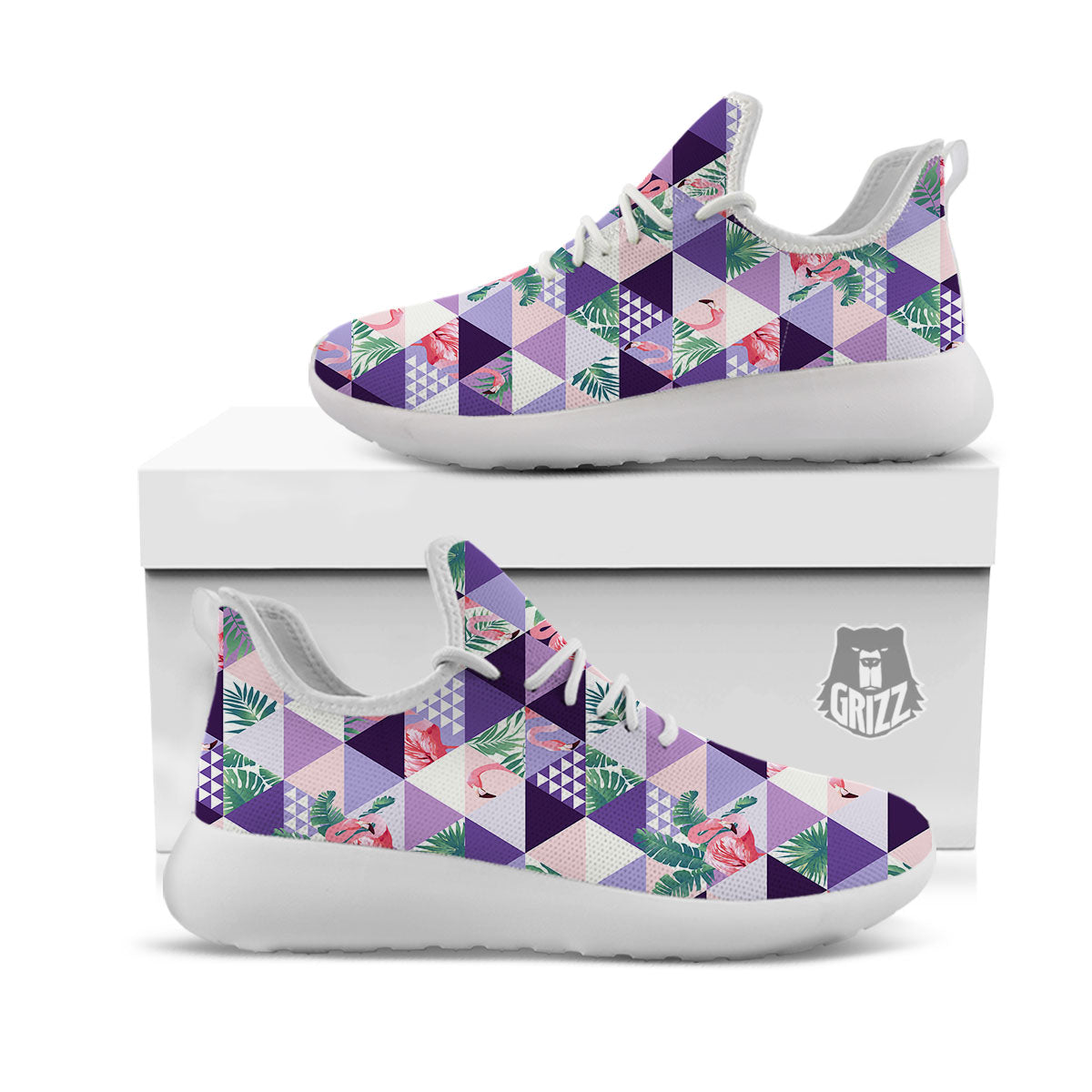 Flamingo Geometric Purple Print Pattern White Athletic Shoes-grizzshop