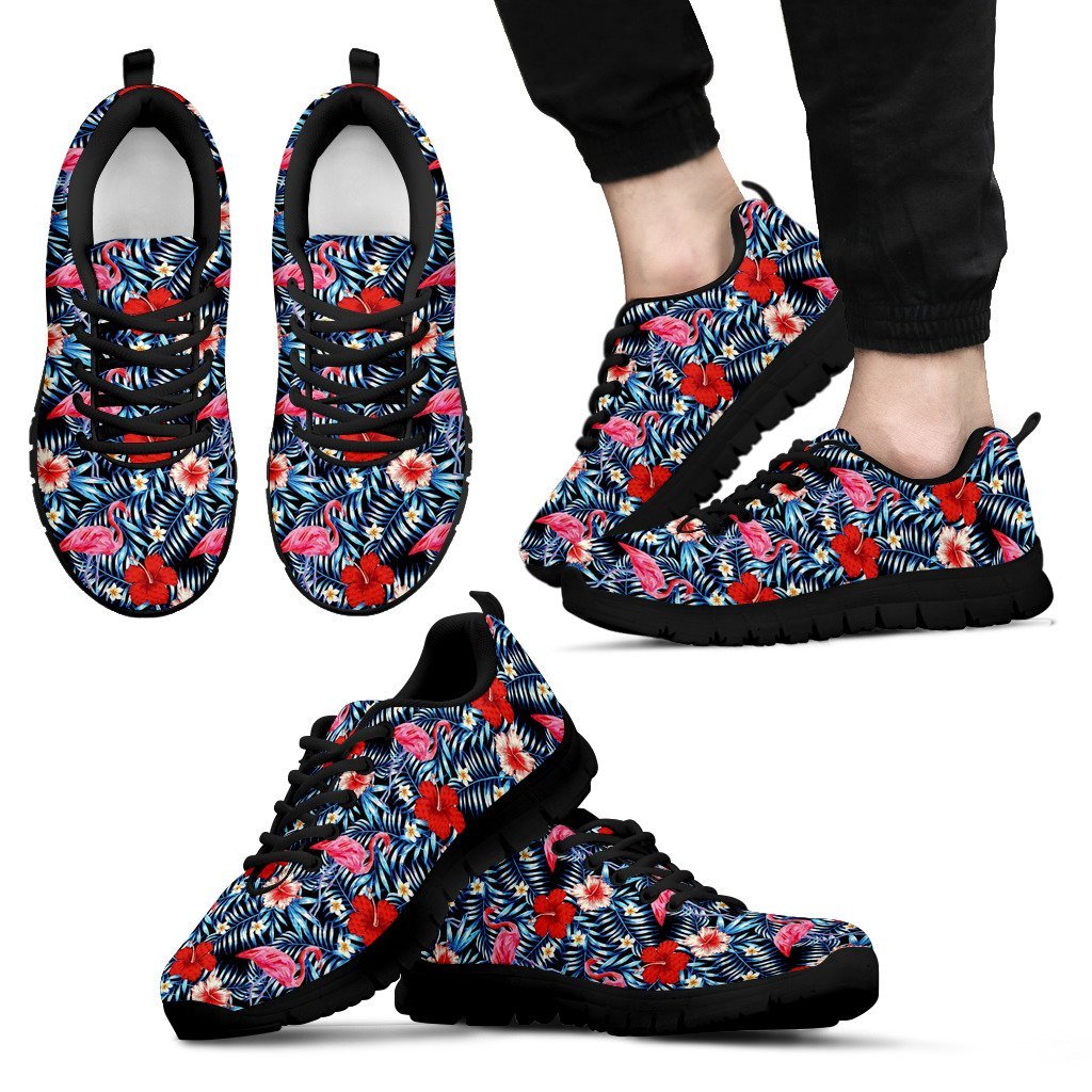 Flamingo Hawaiian Floral Tropical Flower Hibiscus Palm Leaves Pattern Print Black Sneaker Shoes For Men Women-grizzshop