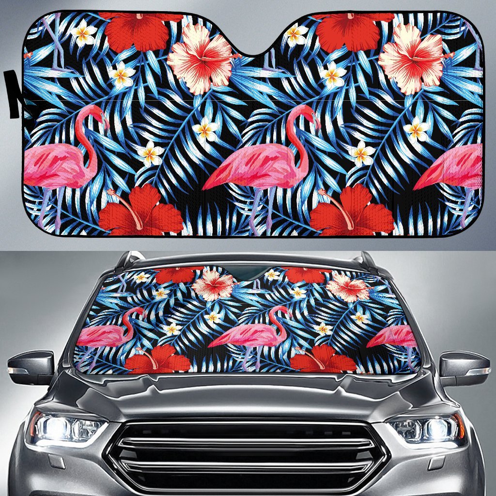 Flamingo Hawaiian Floral Tropical Flower Hibiscus Palm Leaves Pattern Print Car Sun Shade-grizzshop