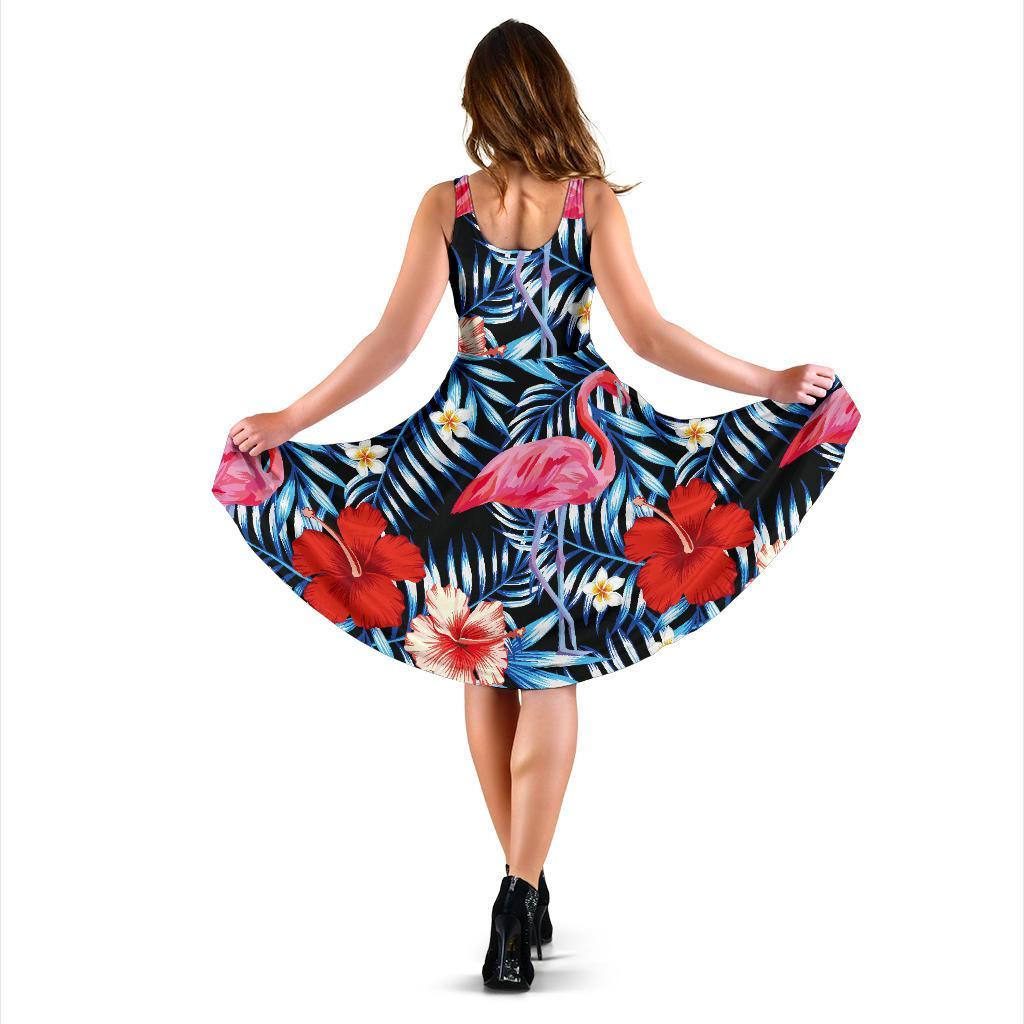 Flamingo Hawaiian Floral Tropical Flower Hibiscus Palm Leaves Pattern Print Dress-grizzshop