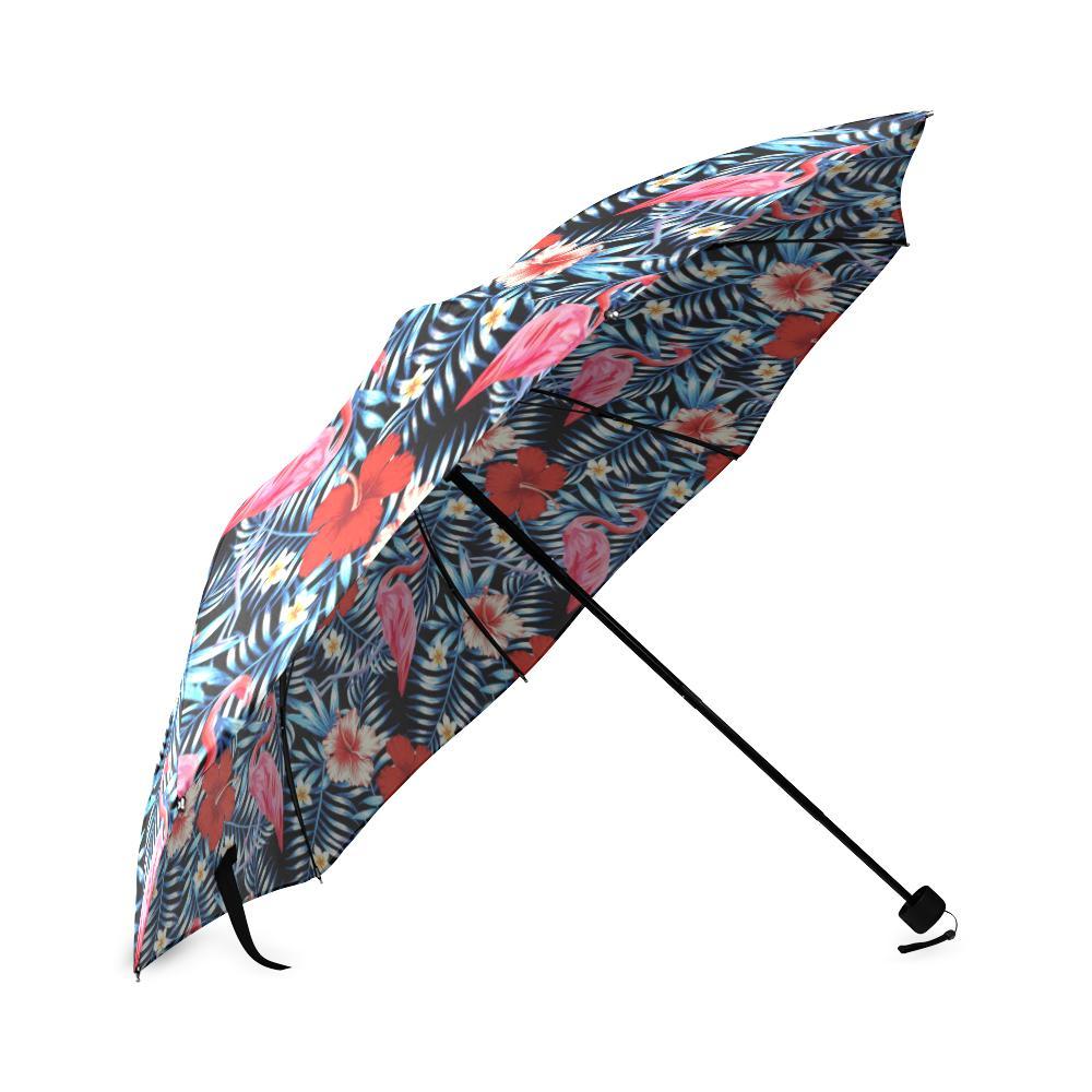 Flamingo Hawaiian Floral Tropical Flower Hibiscus Palm Leaves Pattern Print Foldable Umbrella-grizzshop