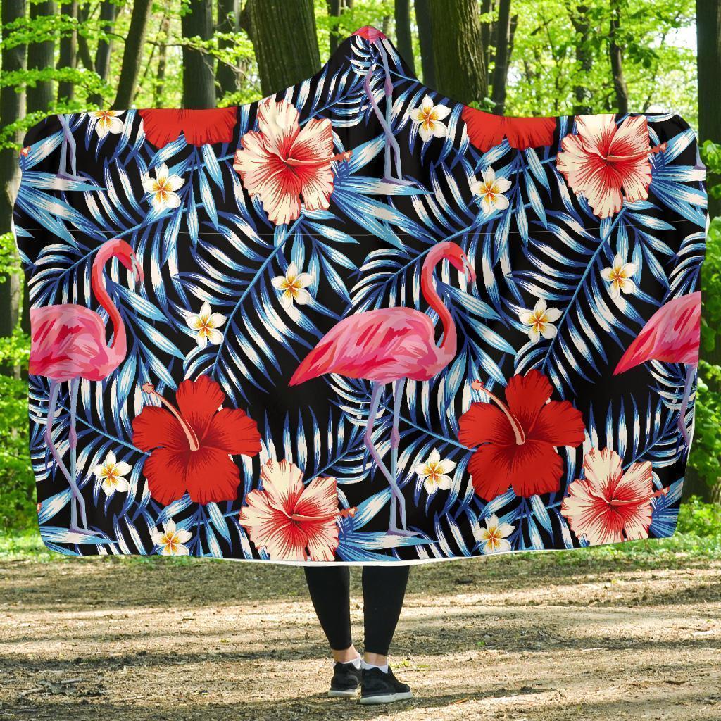 Flamingo Hawaiian Floral Tropical Flower Hibiscus Palm Leaves Pattern Print Hooded Blanket-grizzshop