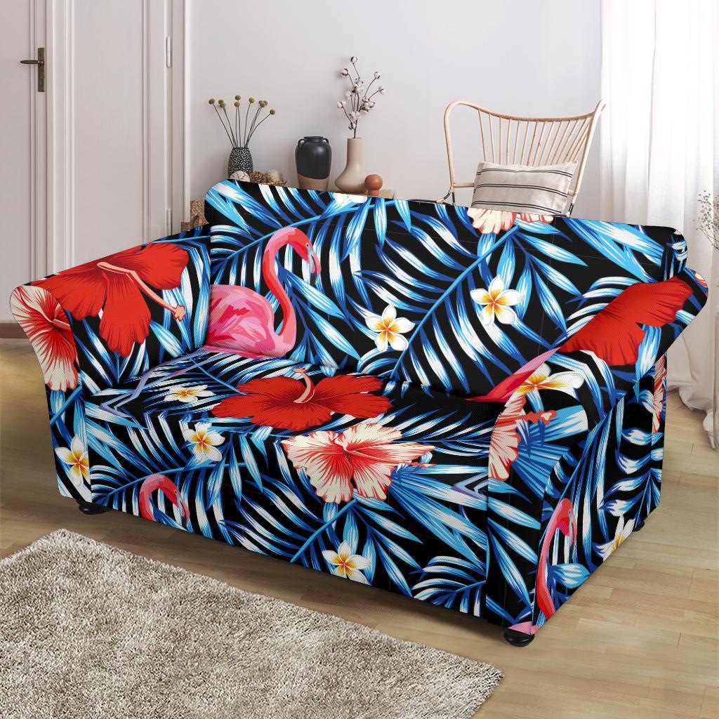 Flamingo Hawaiian Floral Tropical Flower Hibiscus Palm Leaves Pattern Print Loveseat Cover-grizzshop