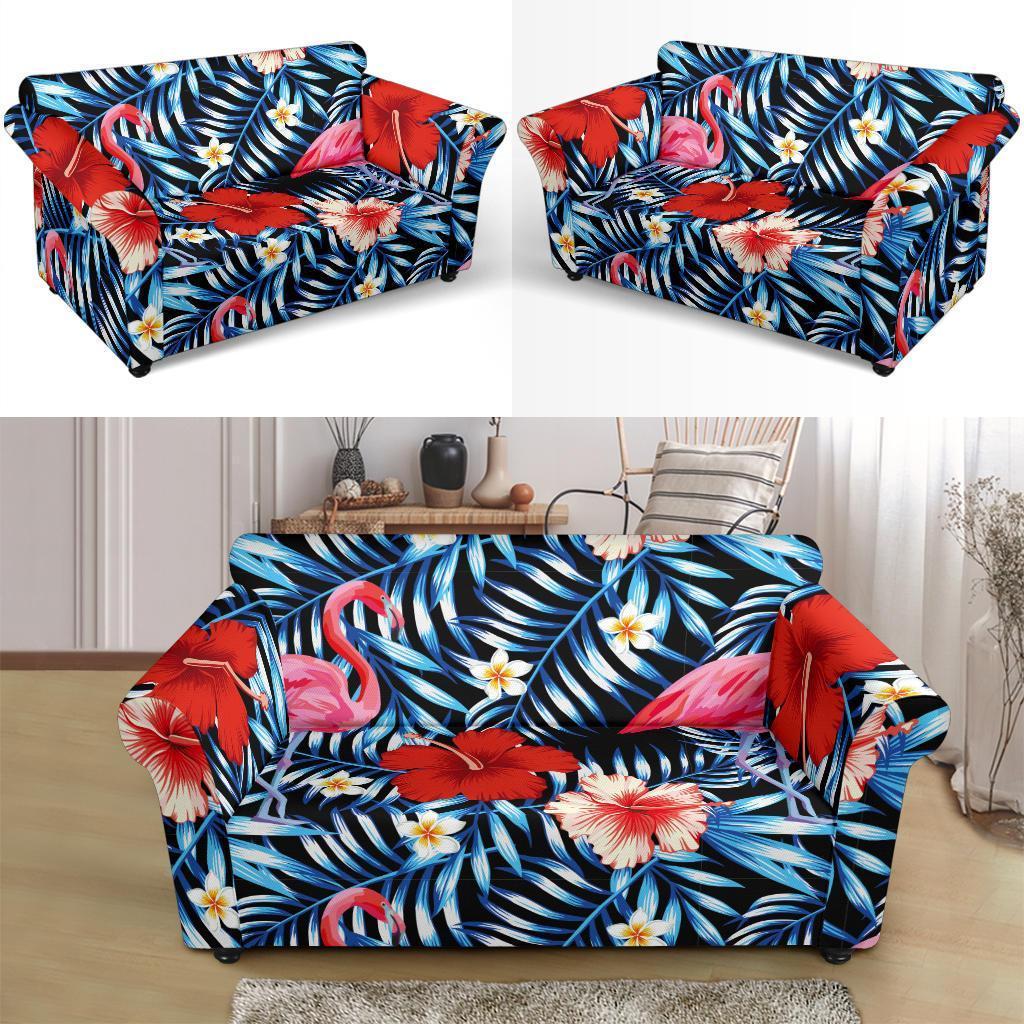 Flamingo Hawaiian Floral Tropical Flower Hibiscus Palm Leaves Pattern Print Loveseat Cover-grizzshop