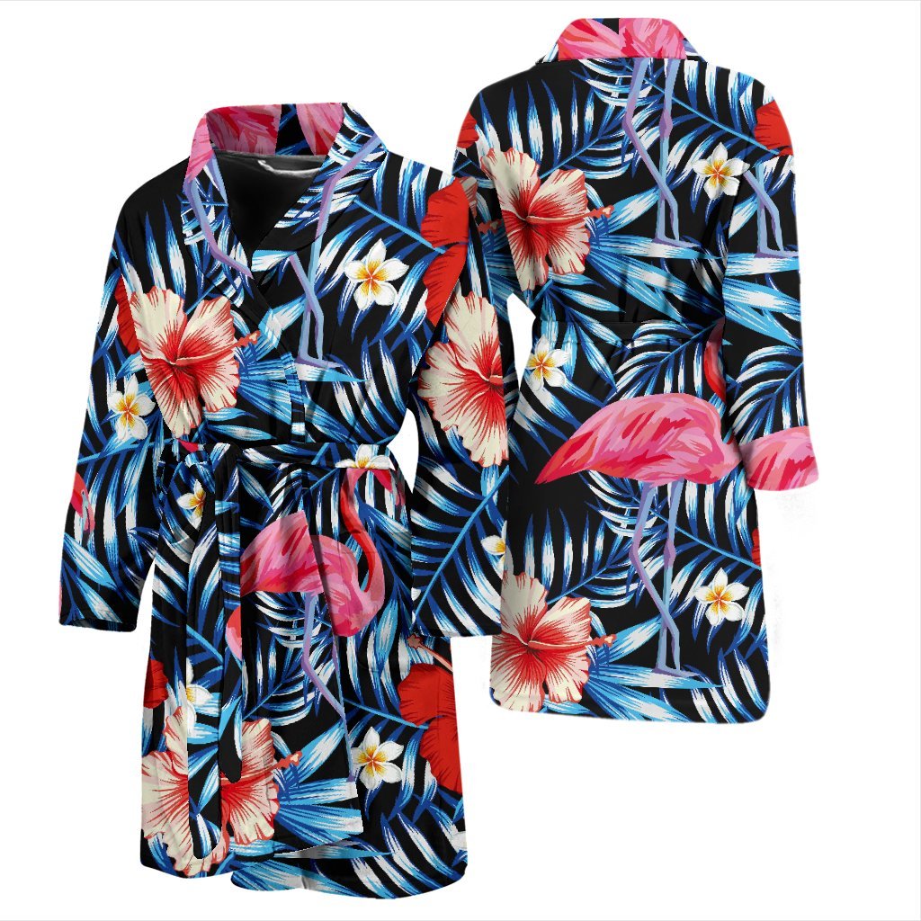 Flamingo Hawaiian Floral Tropical Flower Hibiscus Palm Leaves Pattern Print Men Long Robe-grizzshop