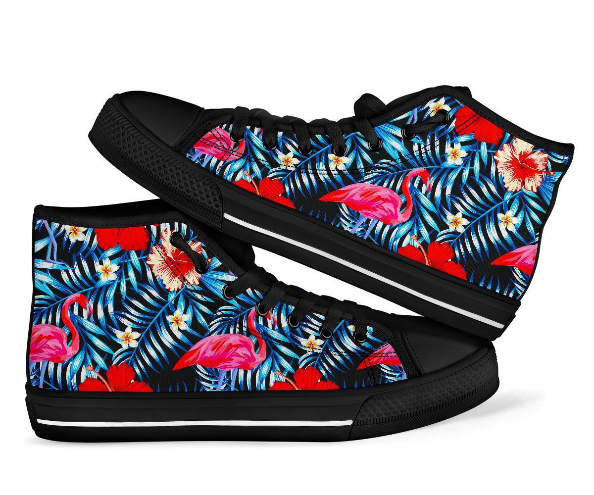 Flamingo Hawaiian Floral Tropical Flower Hibiscus Palm Leaves Pattern Print Men Women's High Top Shoes-grizzshop