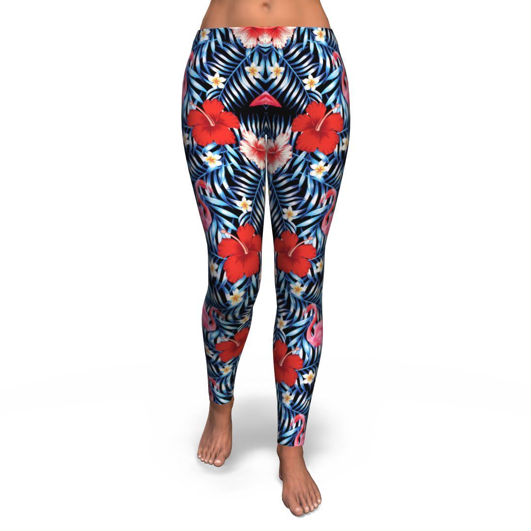 Flamingo Hawaiian Floral Tropical Flower Hibiscus Palm Leaves Pattern Print Pattern Women Leggings-grizzshop