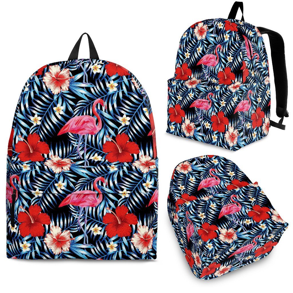 Flamingo Hawaiian Floral Tropical Flower Hibiscus Palm Leaves Pattern Print Premium Backpack-grizzshop